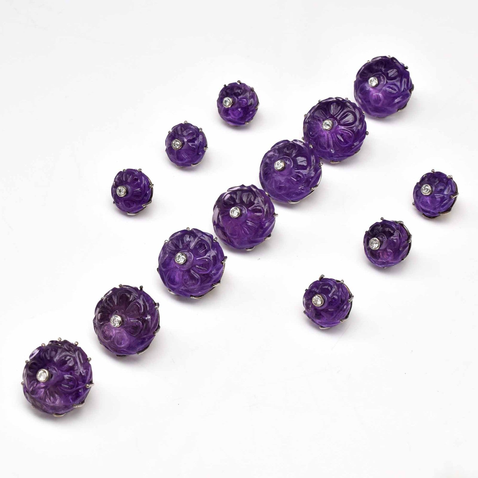 Natural Amethyst Engraved Moissanite 13Pc Silver Men Accessories Sherwani Button