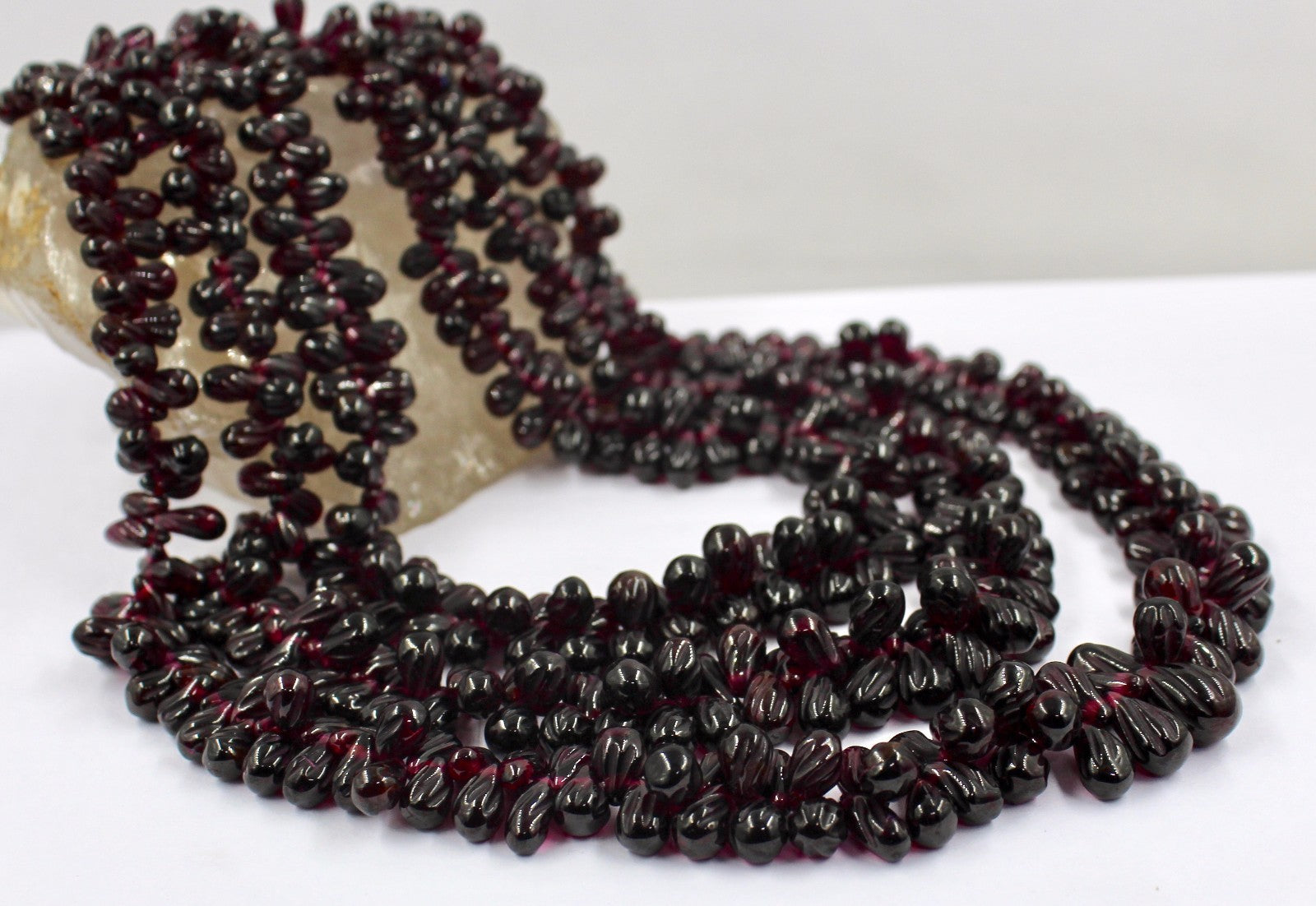 Natural Red Garnet Beads 1220 Ct Carved Drops 3 Line Gemstone Necklace