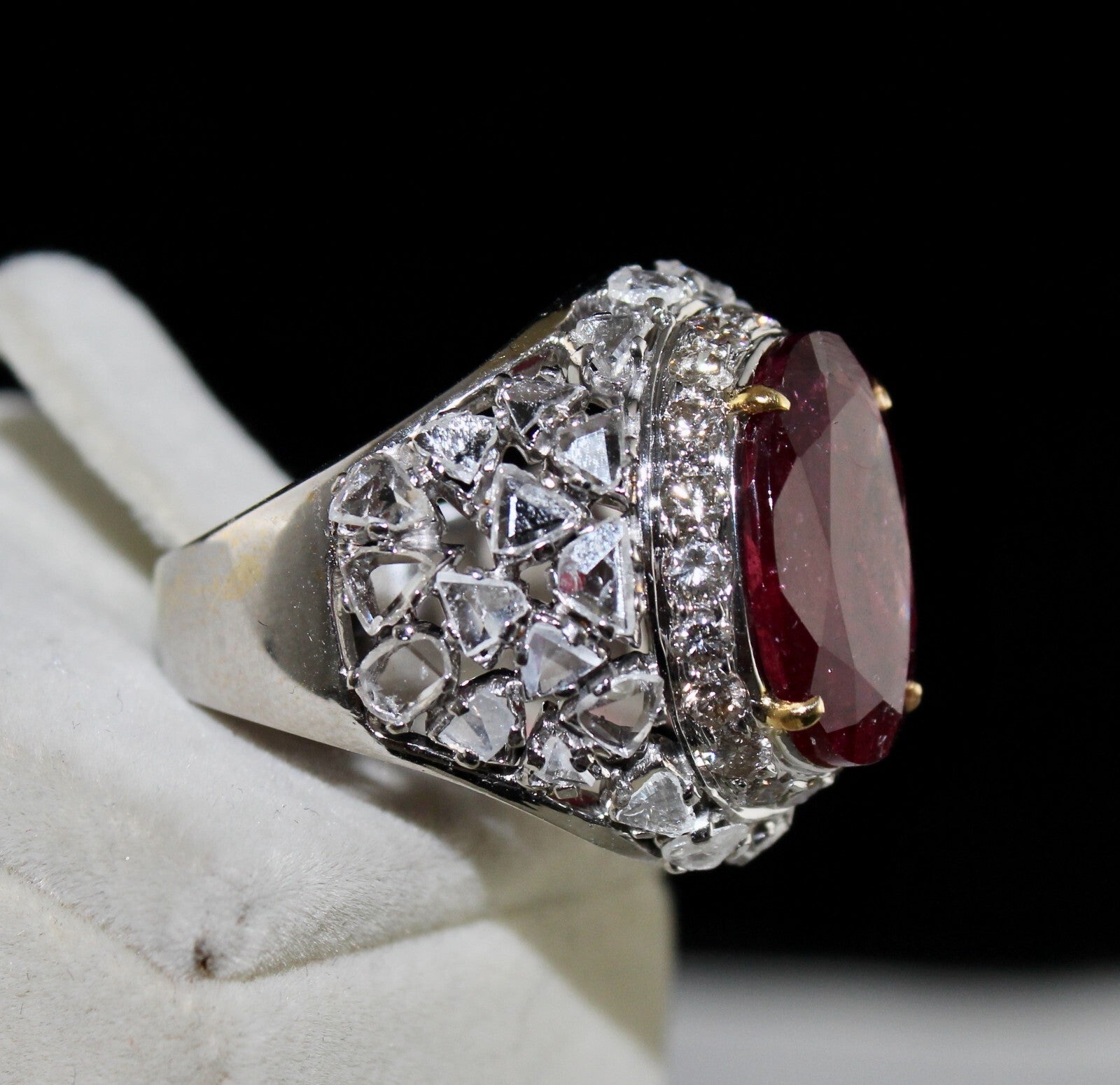 Certified Natural Rubellite Tourmaline 10ct Diamond 18k Gold Vintage Ring