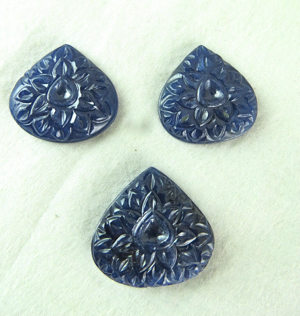 Natural Untreated Blue Sapphire Carved Heart 65 Ct Earring Pendant Gemstone Set