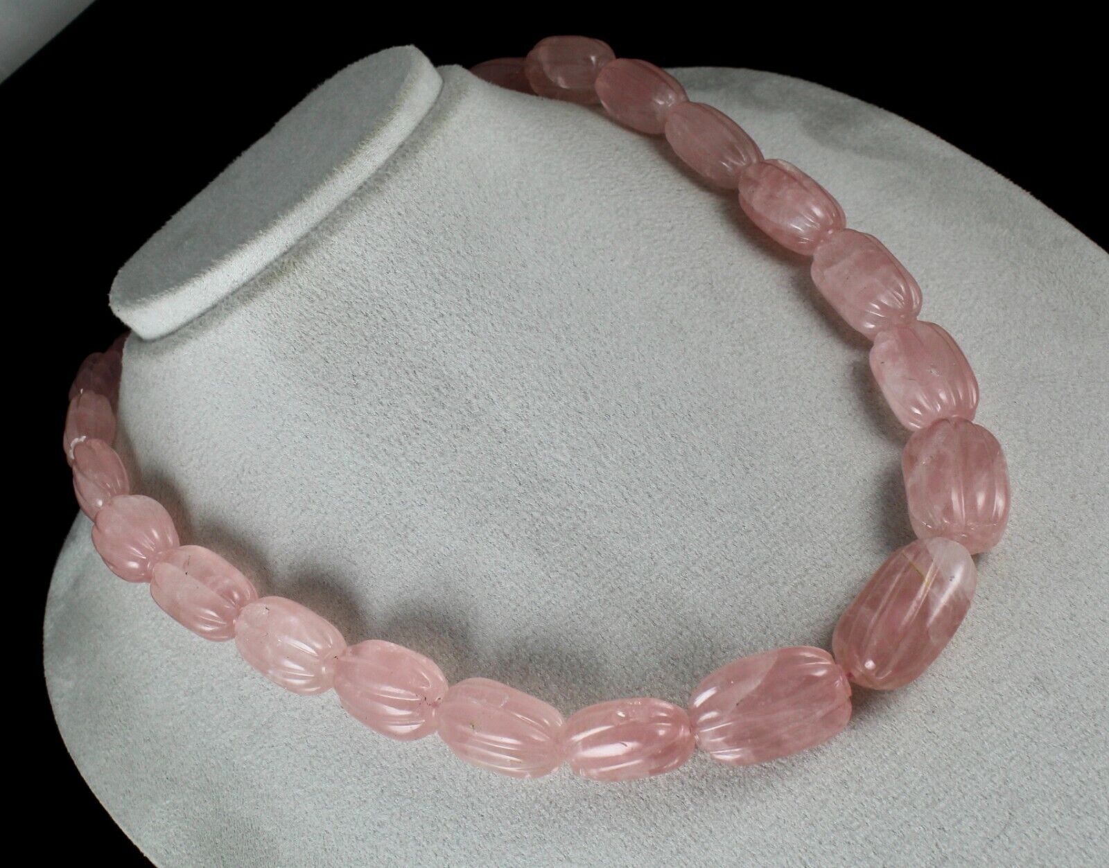 NATURAL ROSE QUARTZ MELON CARVED LONG BEADS 903 CARATS GEMSTONE SILVER NECKLACE
