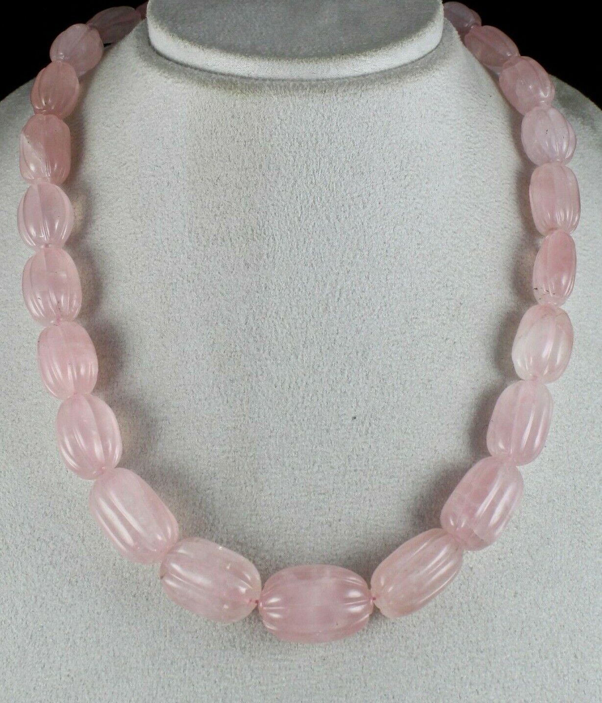 NATURAL ROSE QUARTZ MELON CARVED LONG BEADS 883 CARATS GEMSTONE SILVER NECKLACE