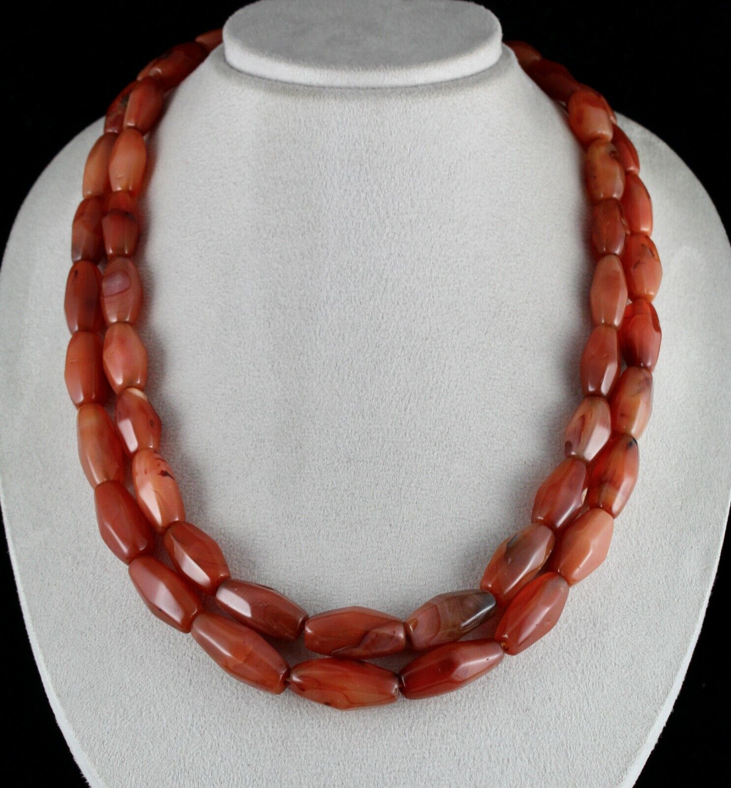 RED NATURAL CARNELIAN BEADS BARREL 2 LINE 1247 CARATS GEMSTONE FASHION NECKLACE