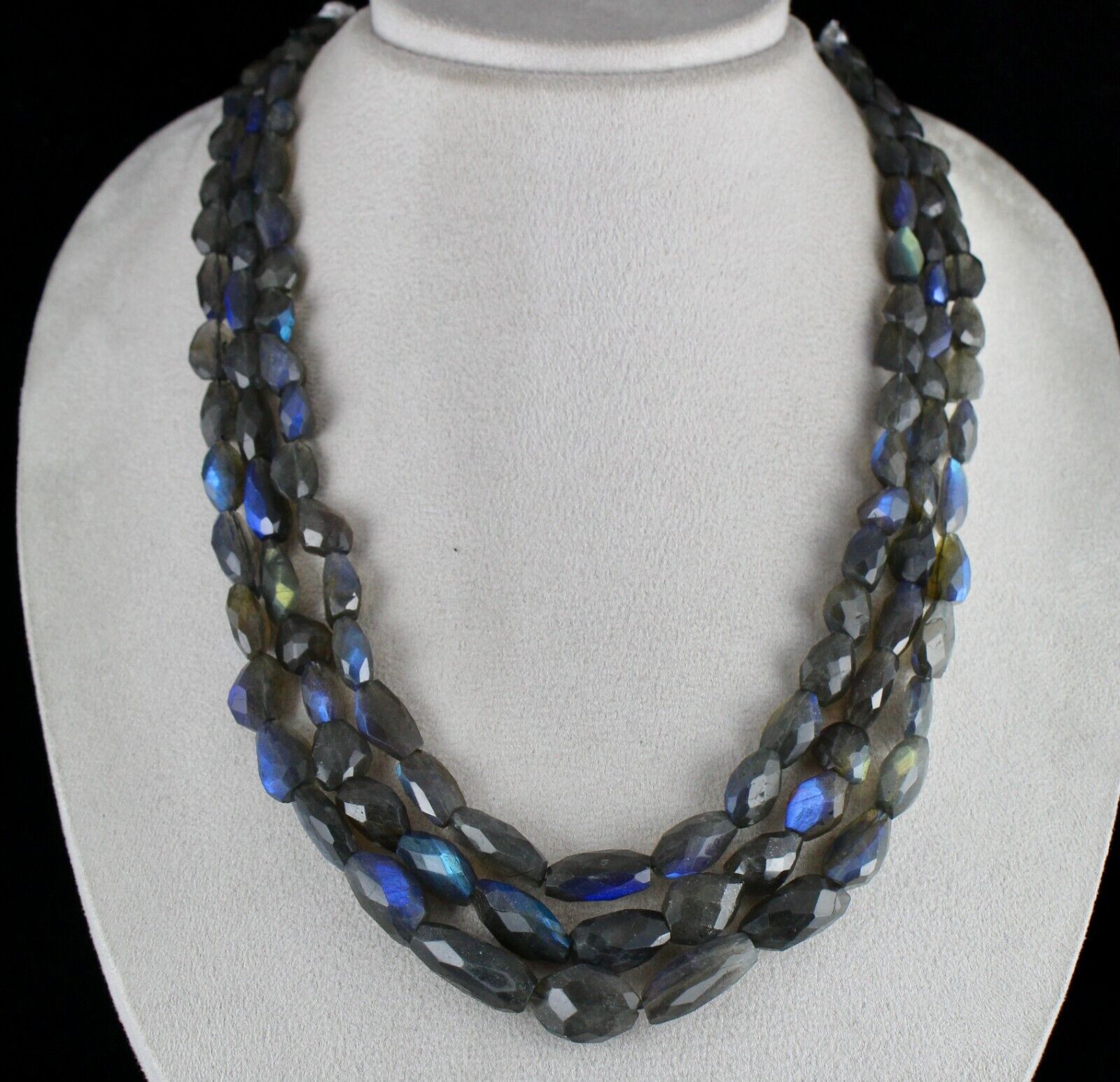 NATURAL BLACK LABRADORITE FACETED TUMBLE 3 LINE 688 CTS GEMSTONE BEADS NECKLACE