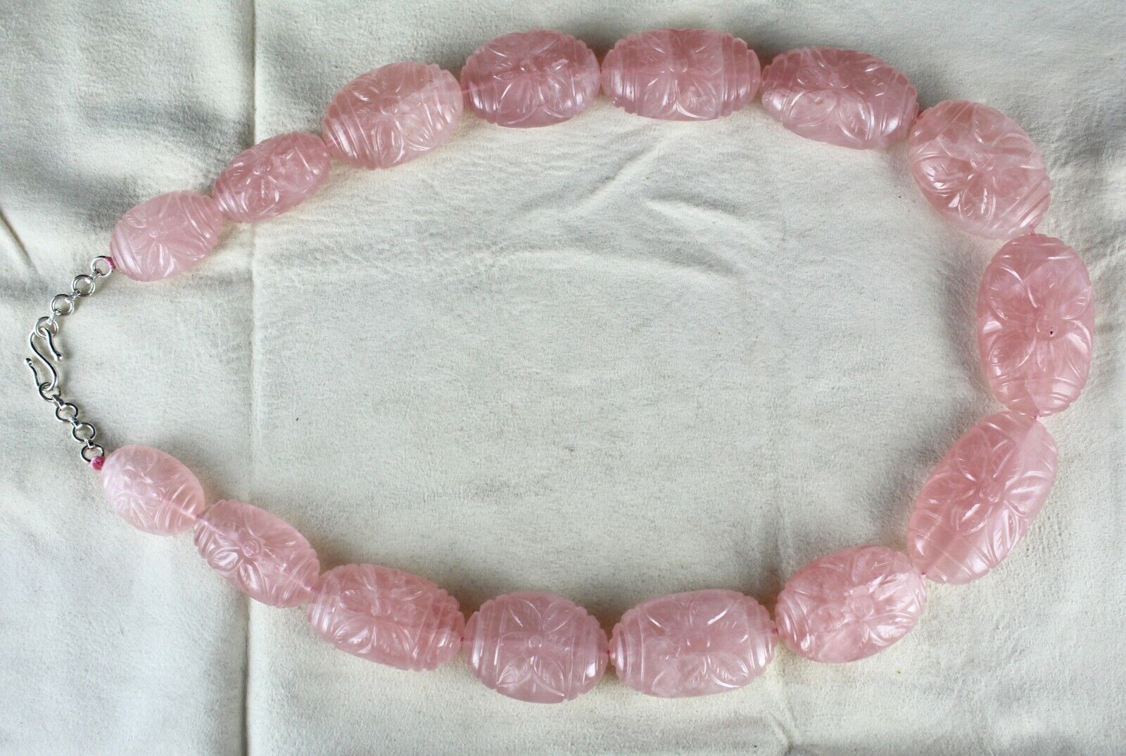RARE BIG NATURAL ROSE QUARTZ CARVED BEADS 2027 CARATS GEMSTONE SILVER NECKLACE
