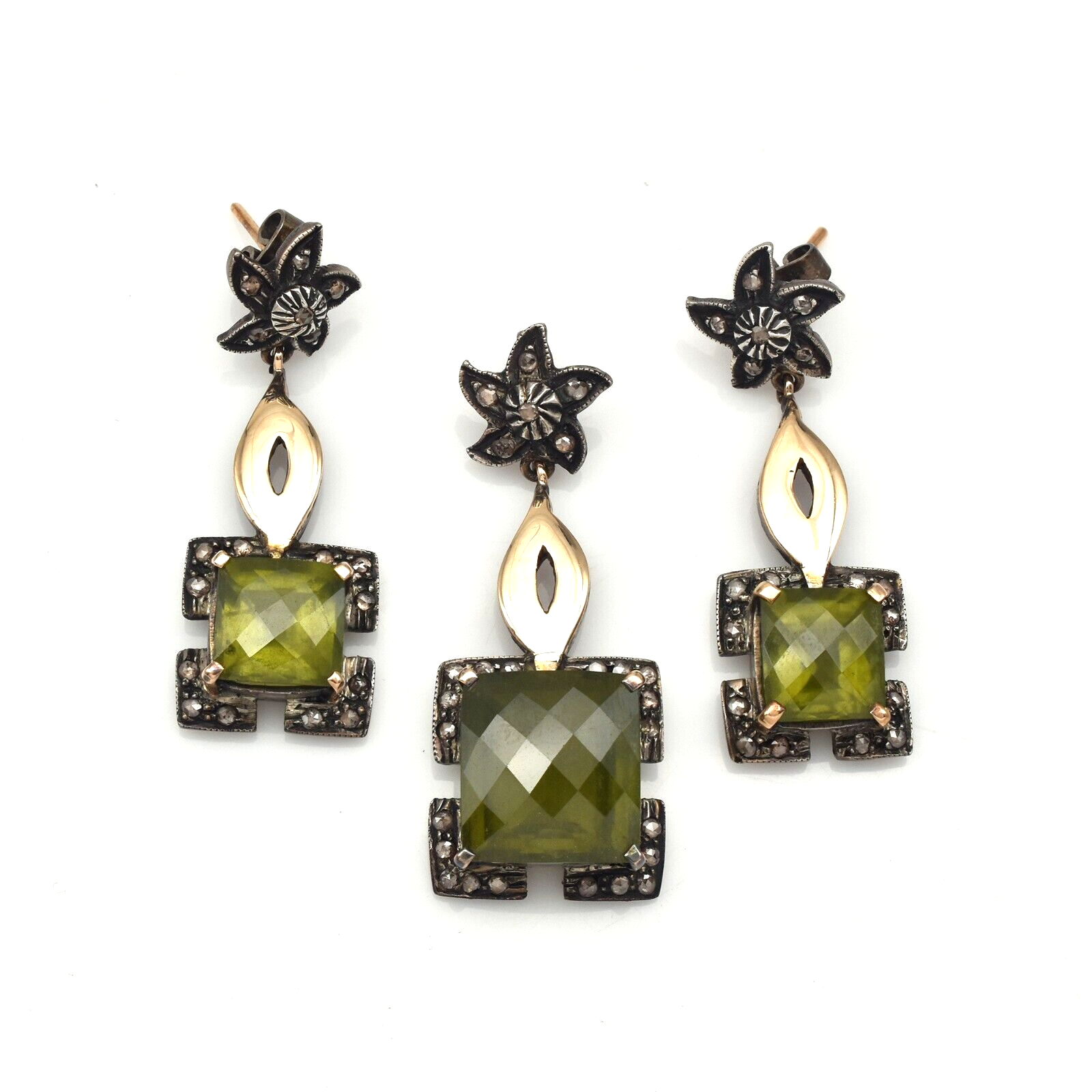 Certified Natural Green Vesuvianite Diamond 10ct Sterling Silver 18k Gold Set