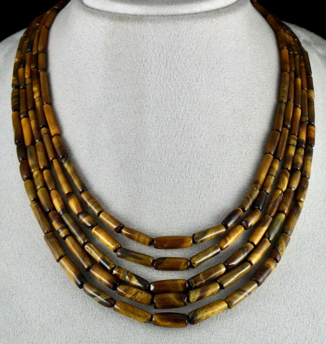 NATURAL TIGER'S EYE TUBE FANCY BEADS 5 LINE 514 CARATS GEMSTONE FASHION NECKLACE