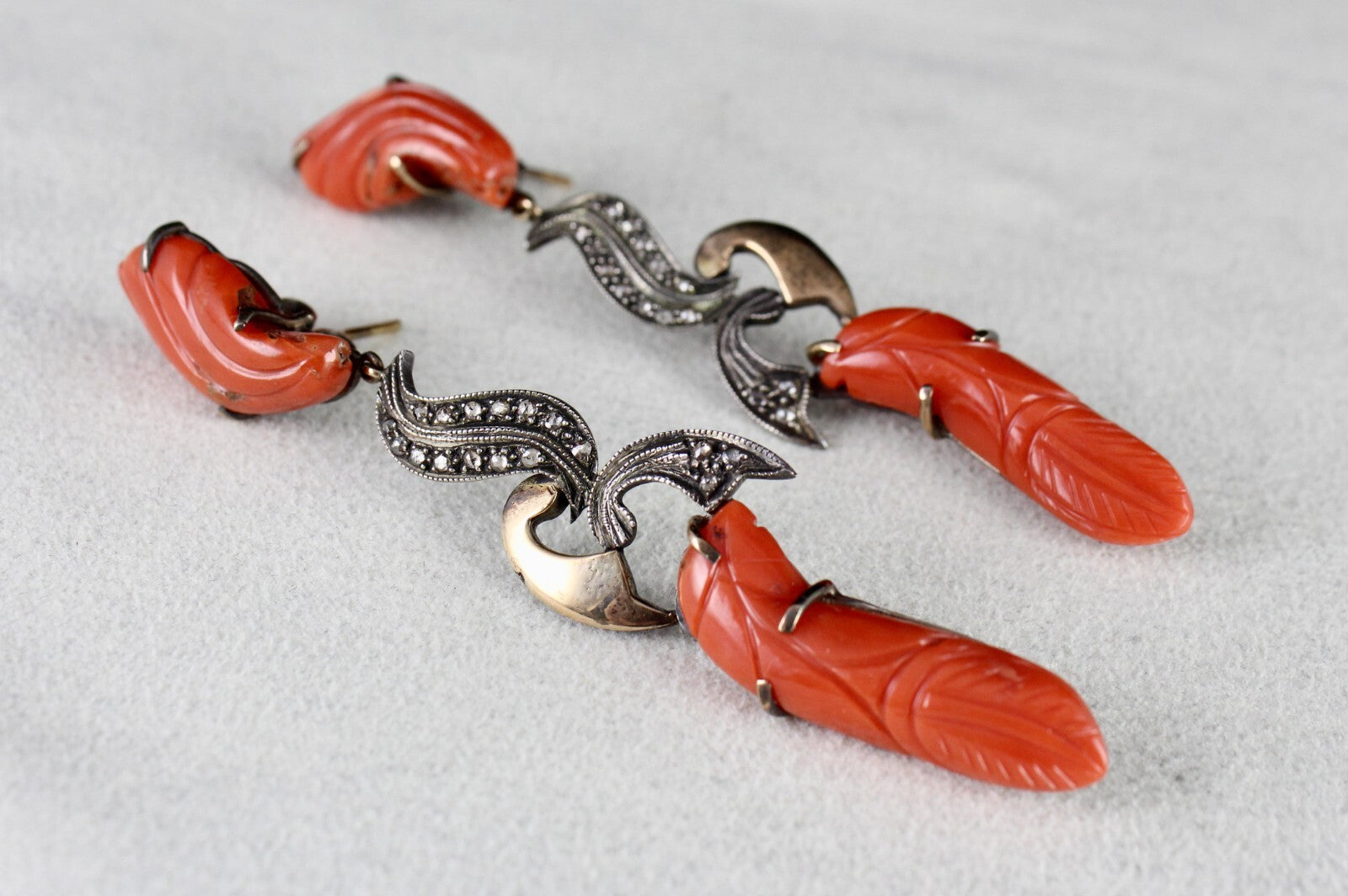 Estate Red Coral 10ct Natural Diamond 18k Gold 925 Sterling Silver Earrings