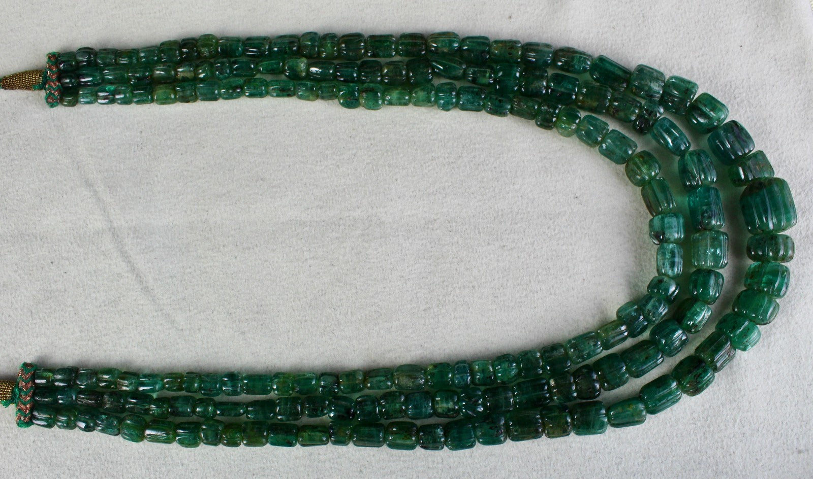 Antique Natural Emerald 746 Ct Beaded Necklace 3 Line Carved Gemstone Certified