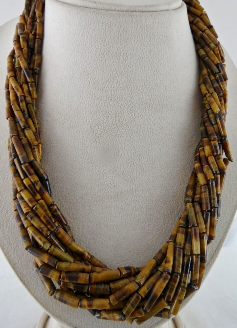 22" NATURAL TIGER'S EYE TUBE SHAPED BEADS 12 LINE 918 CARATS GEMSTONE NECKLACE