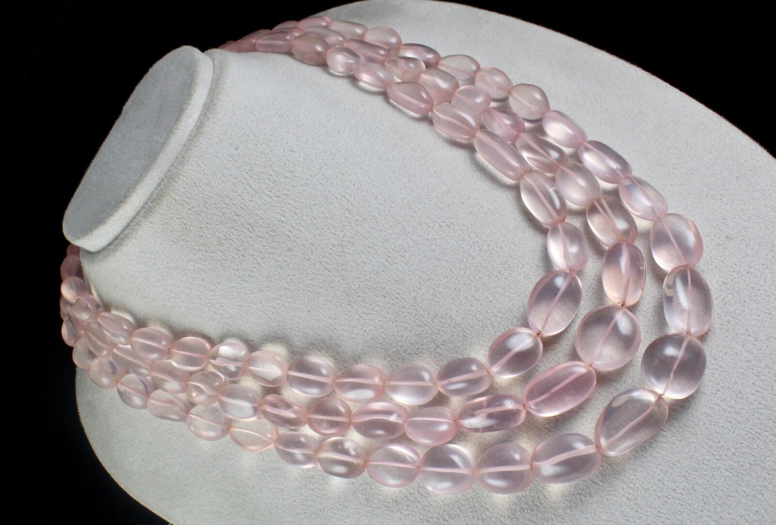 NATURAL ROSE QUARTZ BEADS CABOCHON 3 LINE 1415 CARATS GEMSTONE FASHION NECKLACE