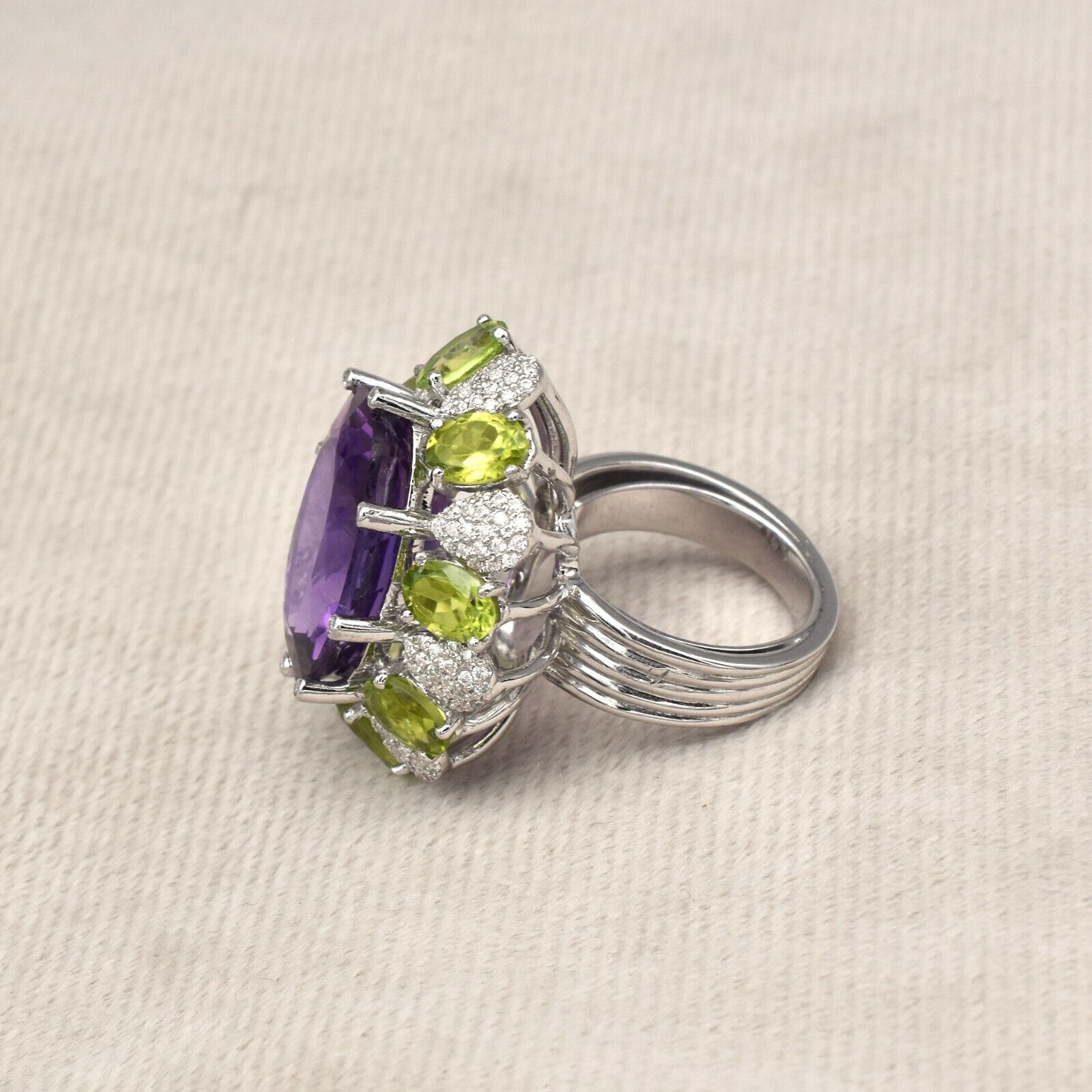 Natural Amethyst Oval Green Peridot Moissanite Cut Sterling Silver Cocktail Ring