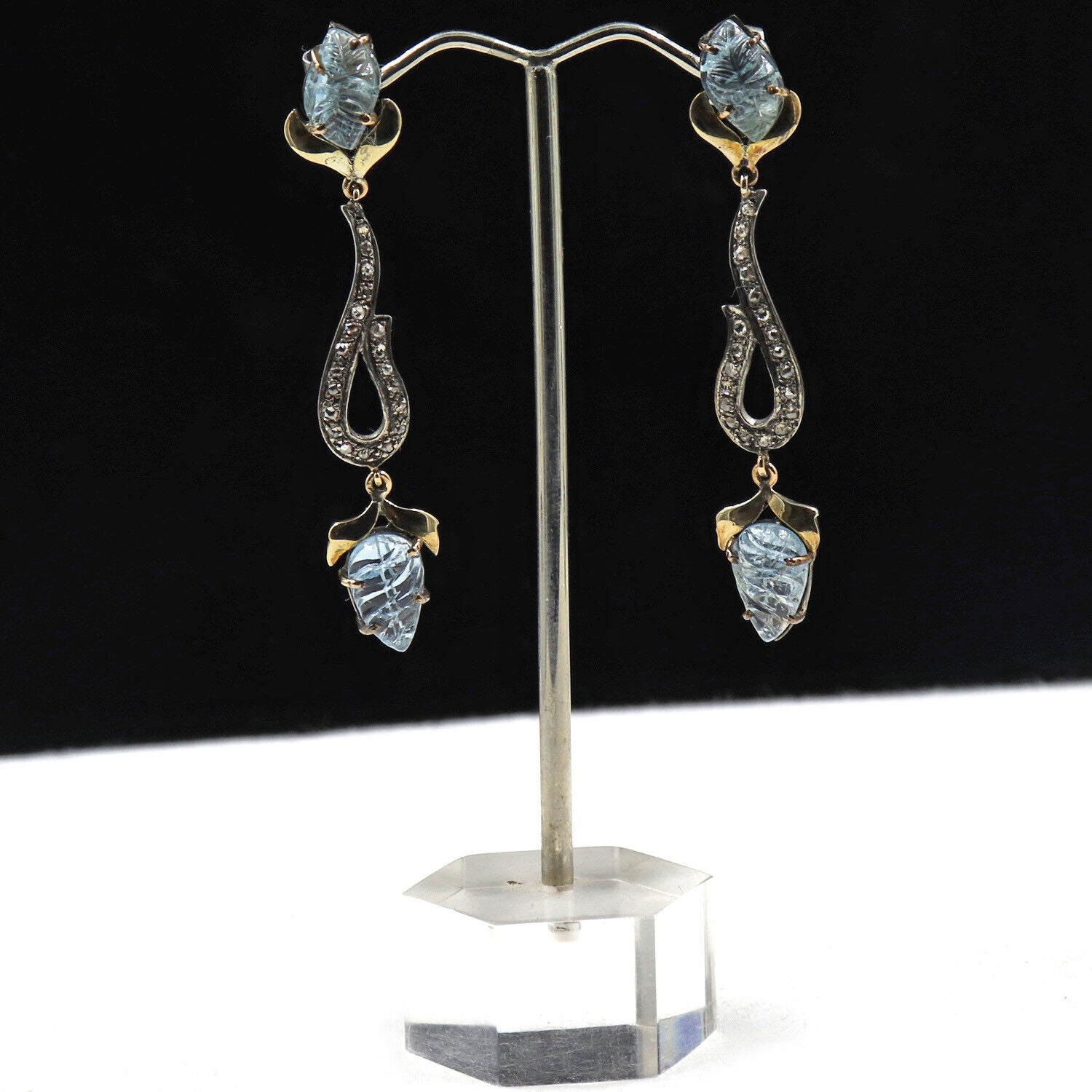 Natural Blue Aquamarine Carved Diamond 18K Gold 925 Silver Victorian Earring