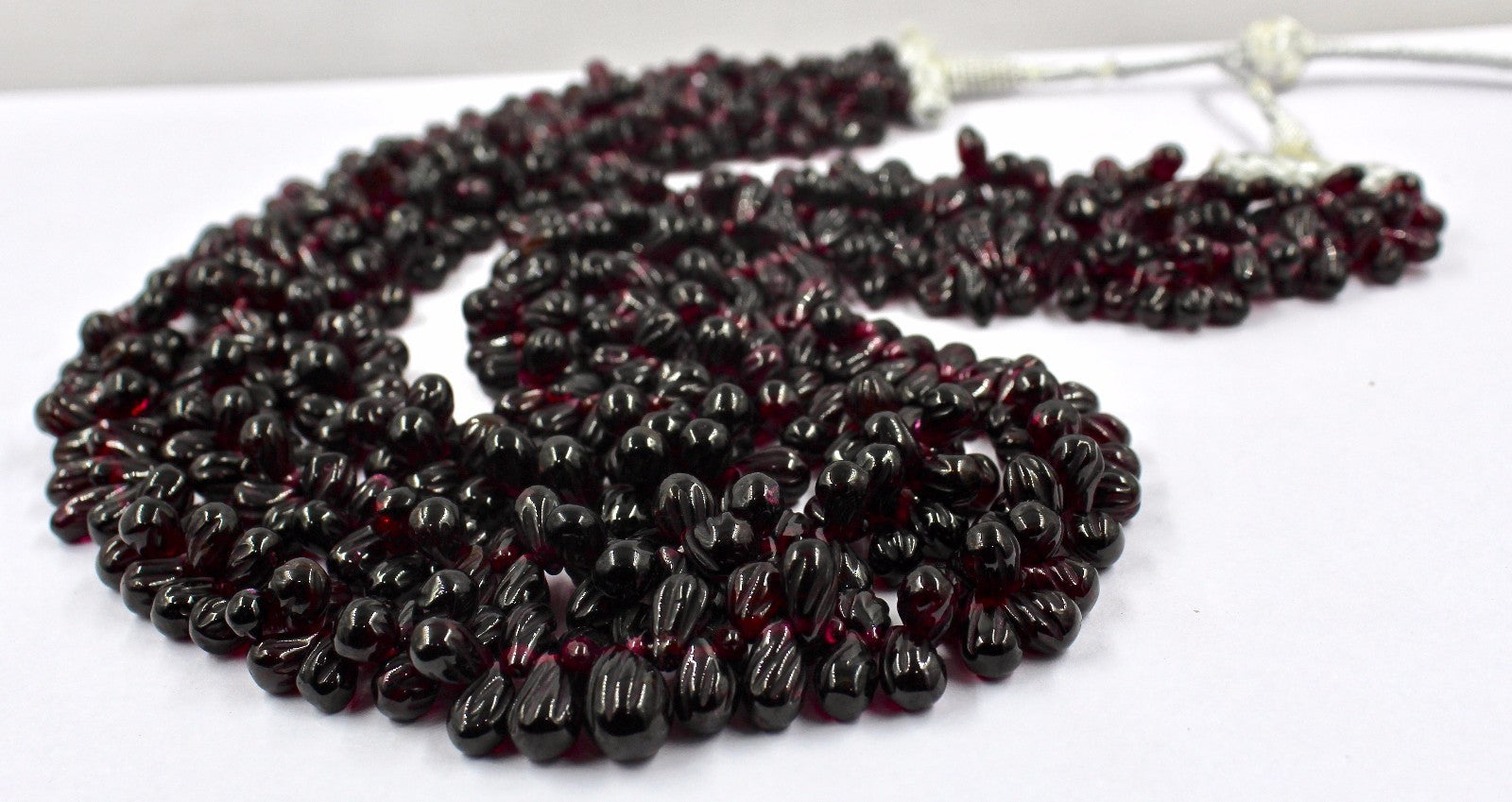 Natural Red Garnet Beads 1220 Ct Carved Drops 3 Line Gemstone Necklace