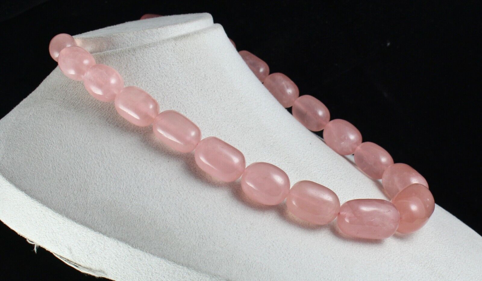 40MM NATURAL ROSE QUARTZ BEADS LONG CABOCHON 1406 CTS GEMSTONE SILVER NECKLACE