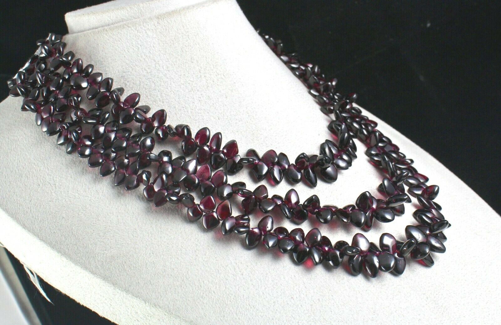 NATURAL PINK GARNET BEADS FANCY DROPS 3 LINE 1062 CARATS GEMSTONE FINE NECKLACE