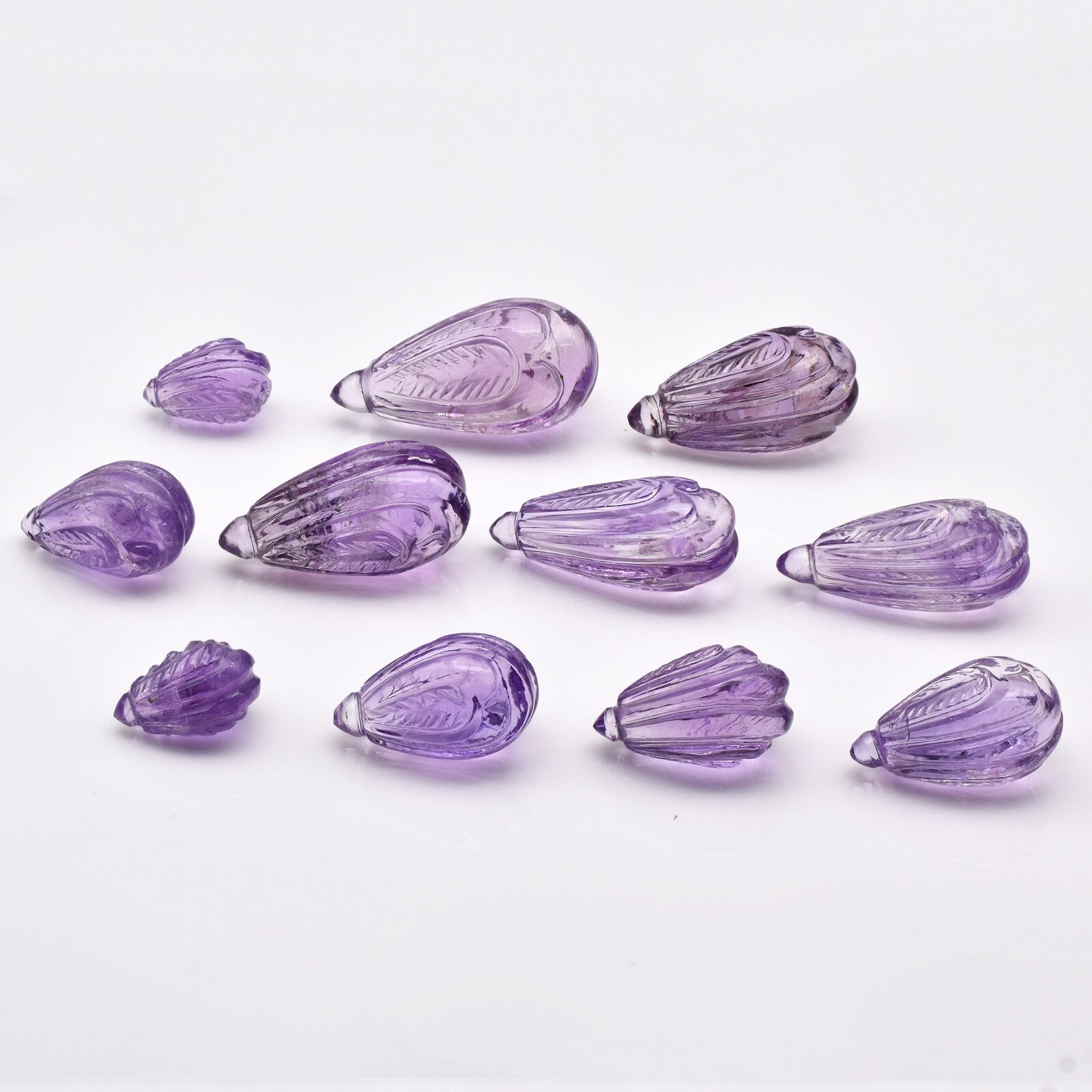 Natural Amethyst 131.8ct Engraved Drop 11pc Gemstone Earring Necklace Set