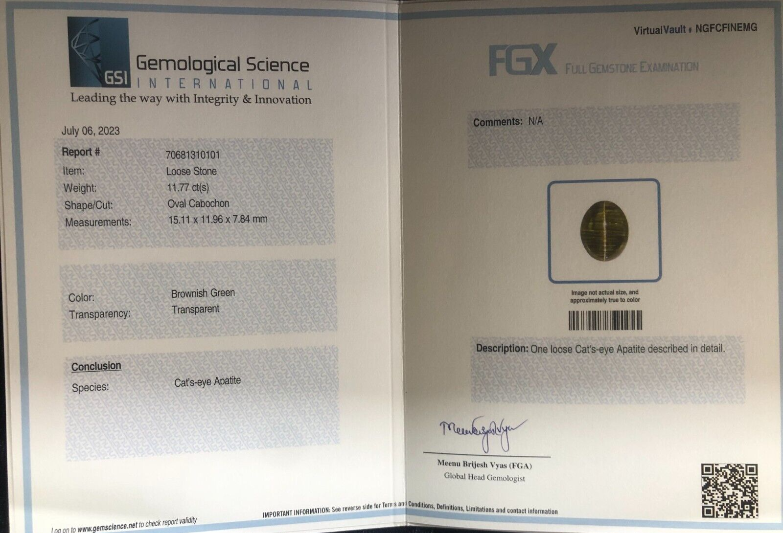 Certified Natural Cats Eye Apatite 11.78 Ct 15x12mm Green Gemstone For Pendant