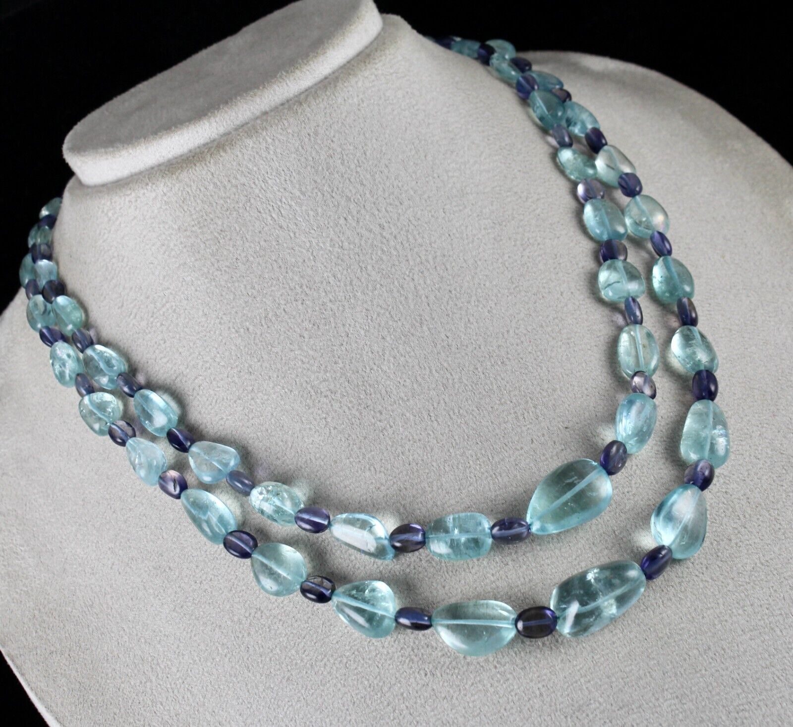 Certified Blue Natural Aquamarine Iolite Beads 2 L 334 Ct Gemstone Fine Necklace