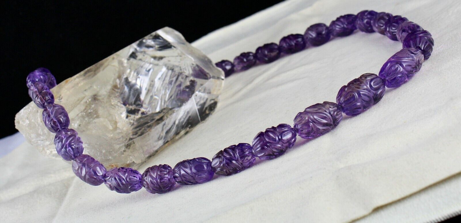 Top Natural Amethyst Beads Carved Long 488 Ct Gemstone Silver Vintage Necklace