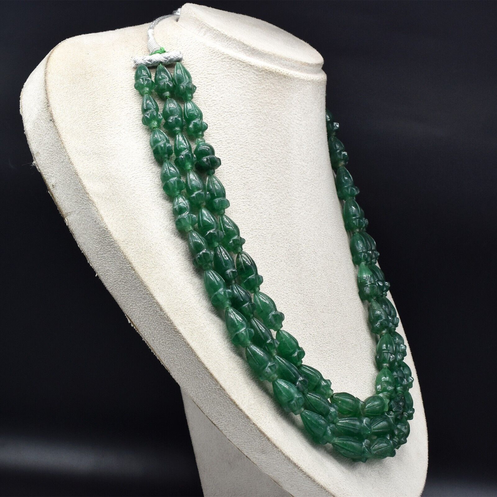 Natural Green Quartz Engraved Beaded Necklace 3 Line 1059 Ct Old Carved Gemstone