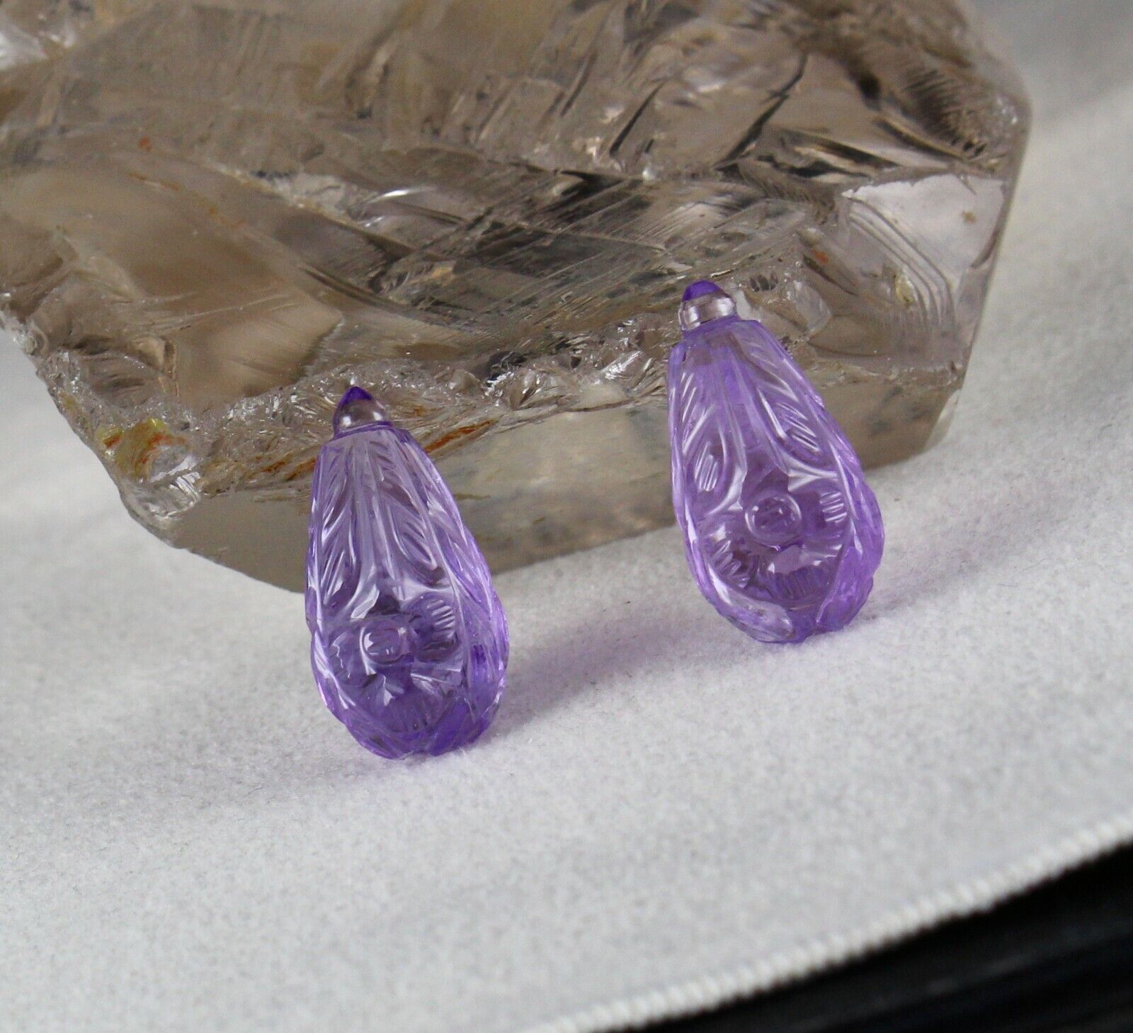 NATURAL AMETHYST CARVED DROPS PAIR 2 PCS 36.91 CARATS GEMSTONE EARRING DESIGNING