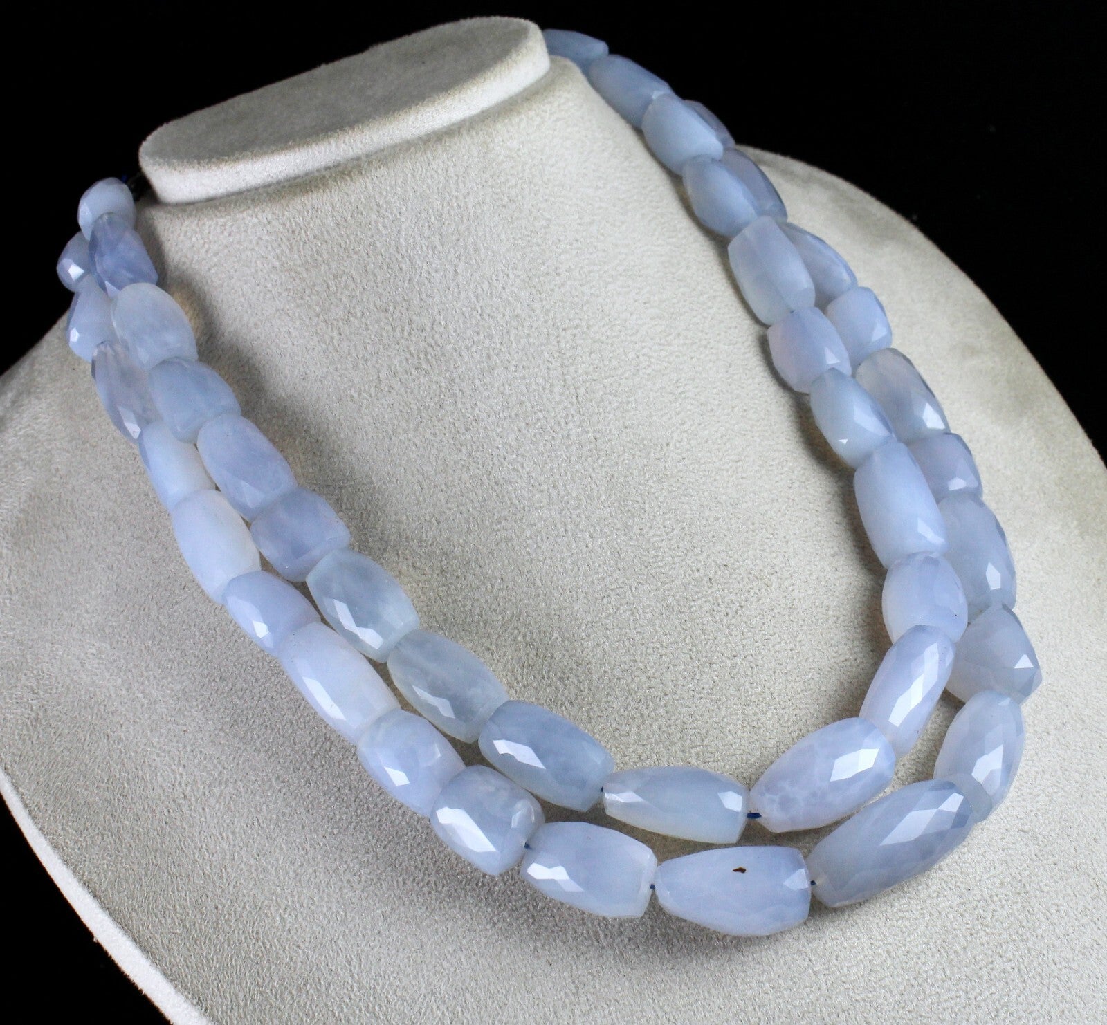 Certified Natural Blue Chalcedony 1290 Ct Faceted Beads Sterling Silver Necklace