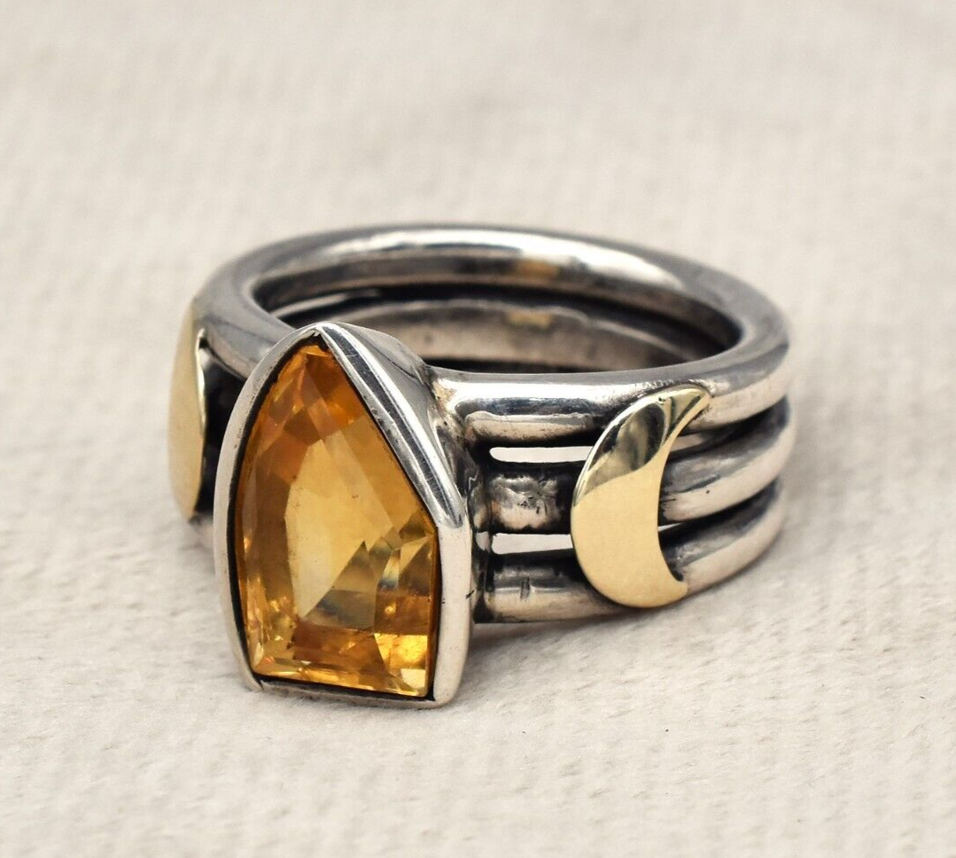 Vintage Yellow Citrine Ring 18k Gold 925 Silver Women Men November Birthstone