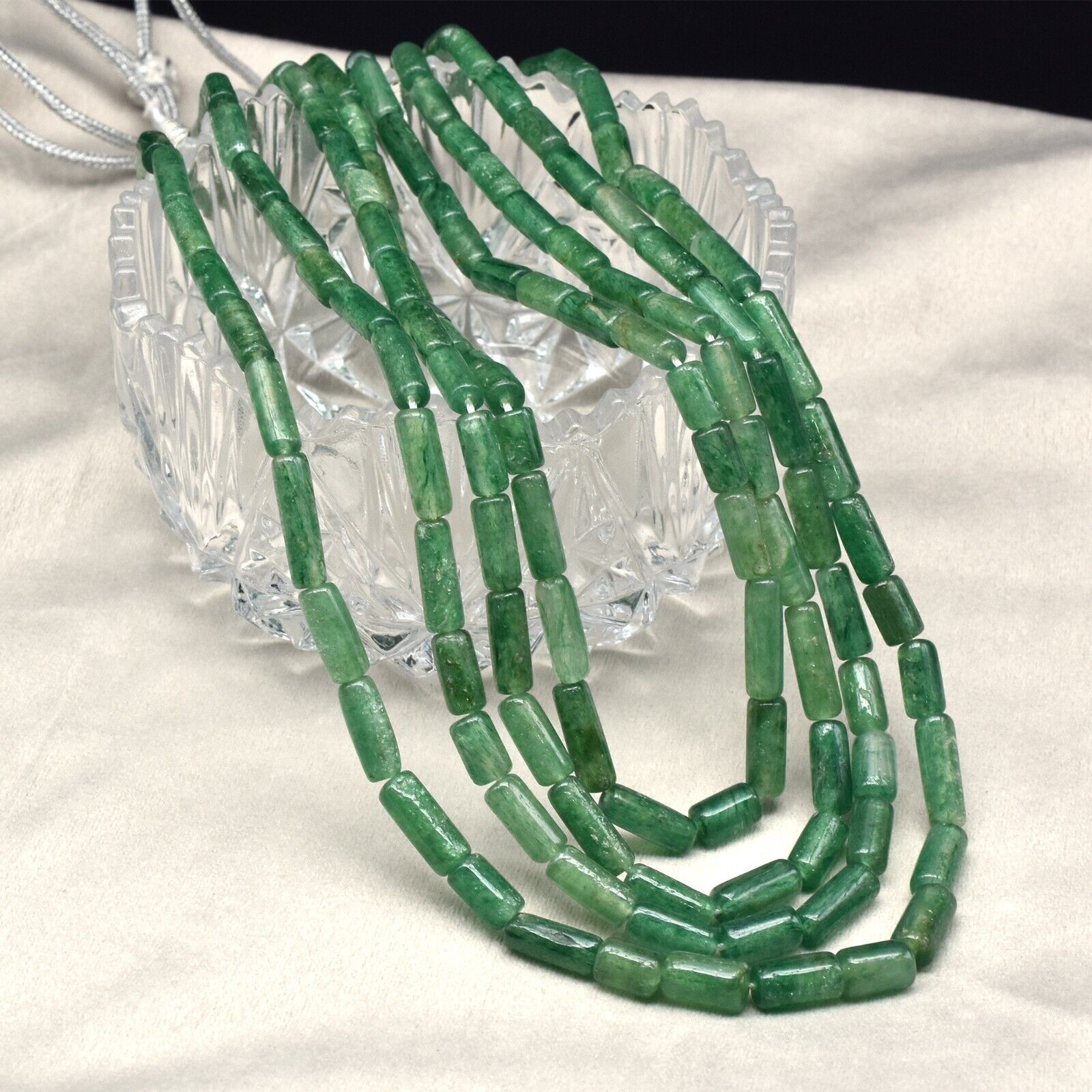 Natural Green Quartz Aventurine Tube beads Necklace 4 L 569 Ct Vintage Gemstone