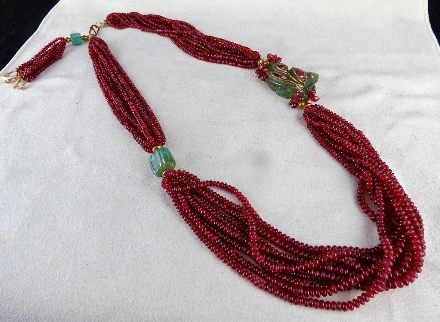 NATURAL ZAMBIAN EMERALD RUBY DIAMOND 22KGOLD JADAU SPINEL BEADS ANTIQUE NECKLACE