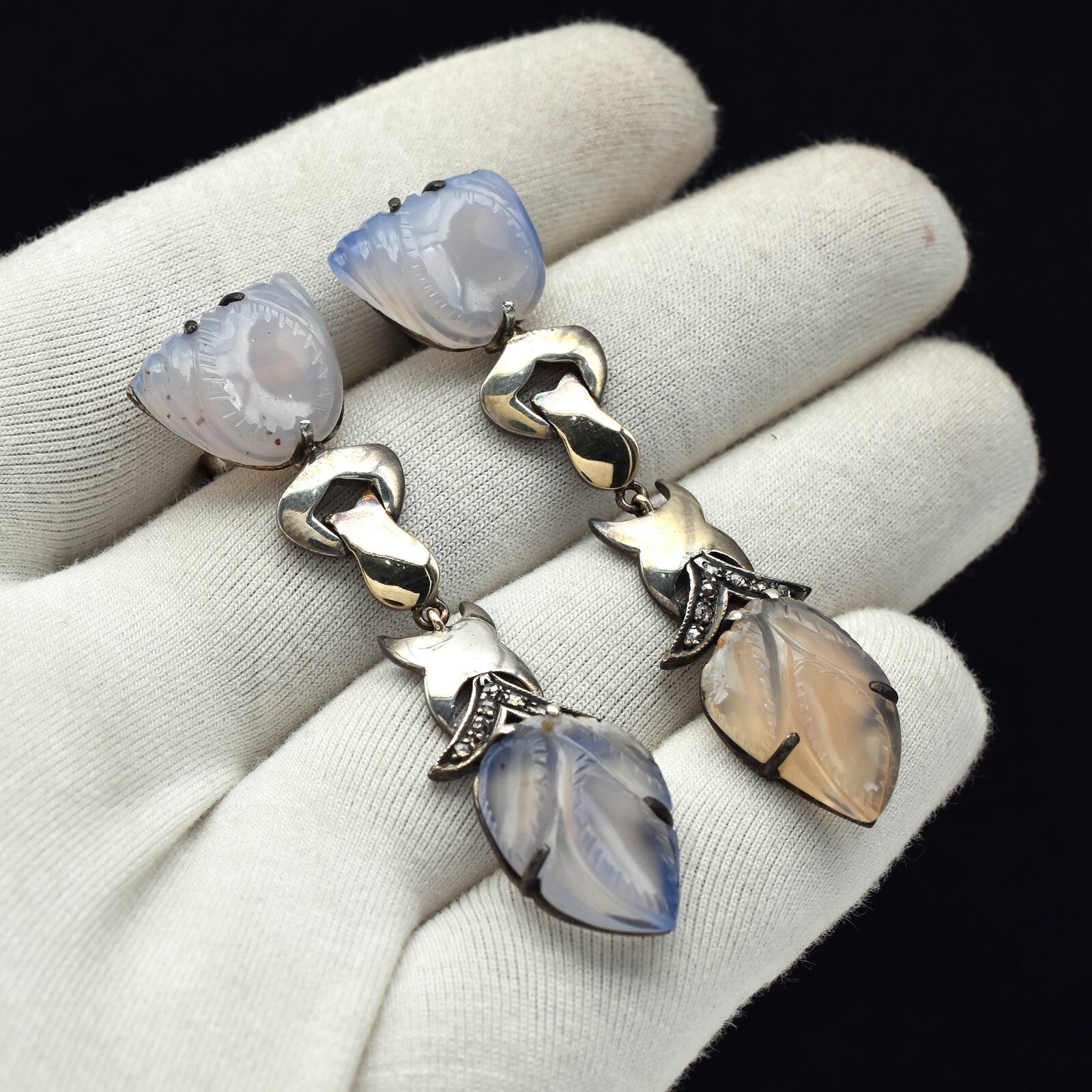 Vintage Natural Blue Chalcedony Diamond 10ct 18k Gold Sterling Silver Earrings