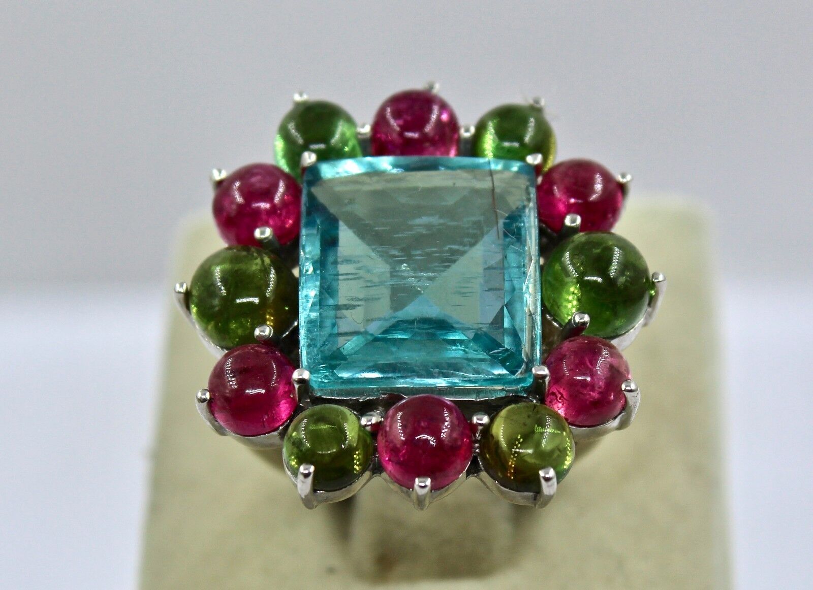 NATURAL AQUAMARINE SQUARE CUT MULTI TOURMALINE CABOCHON LADIES RING IN SILVER 