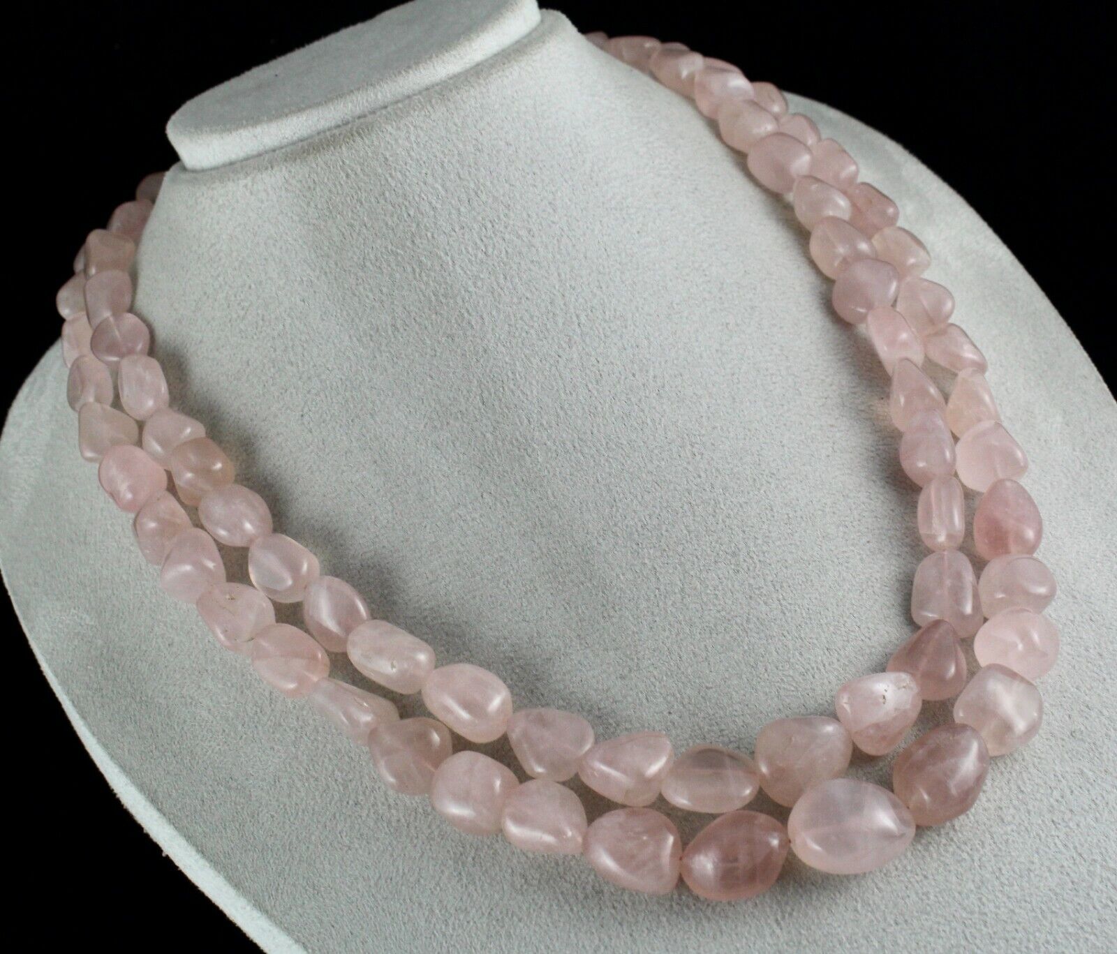 Natural Rose Quartz Beaded Necklace 2 Line 1109 Carats Nuggets Gemstone Strings