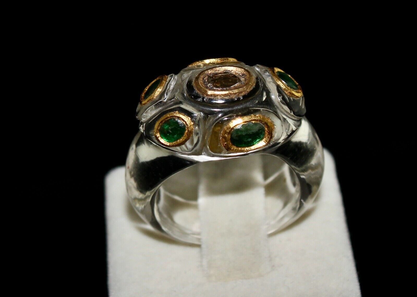 ANTIQUE NATURAL CRYSTAL QUARTZ DIAMOND EMERALD 22K GOLD ETHNIC FASHION RING