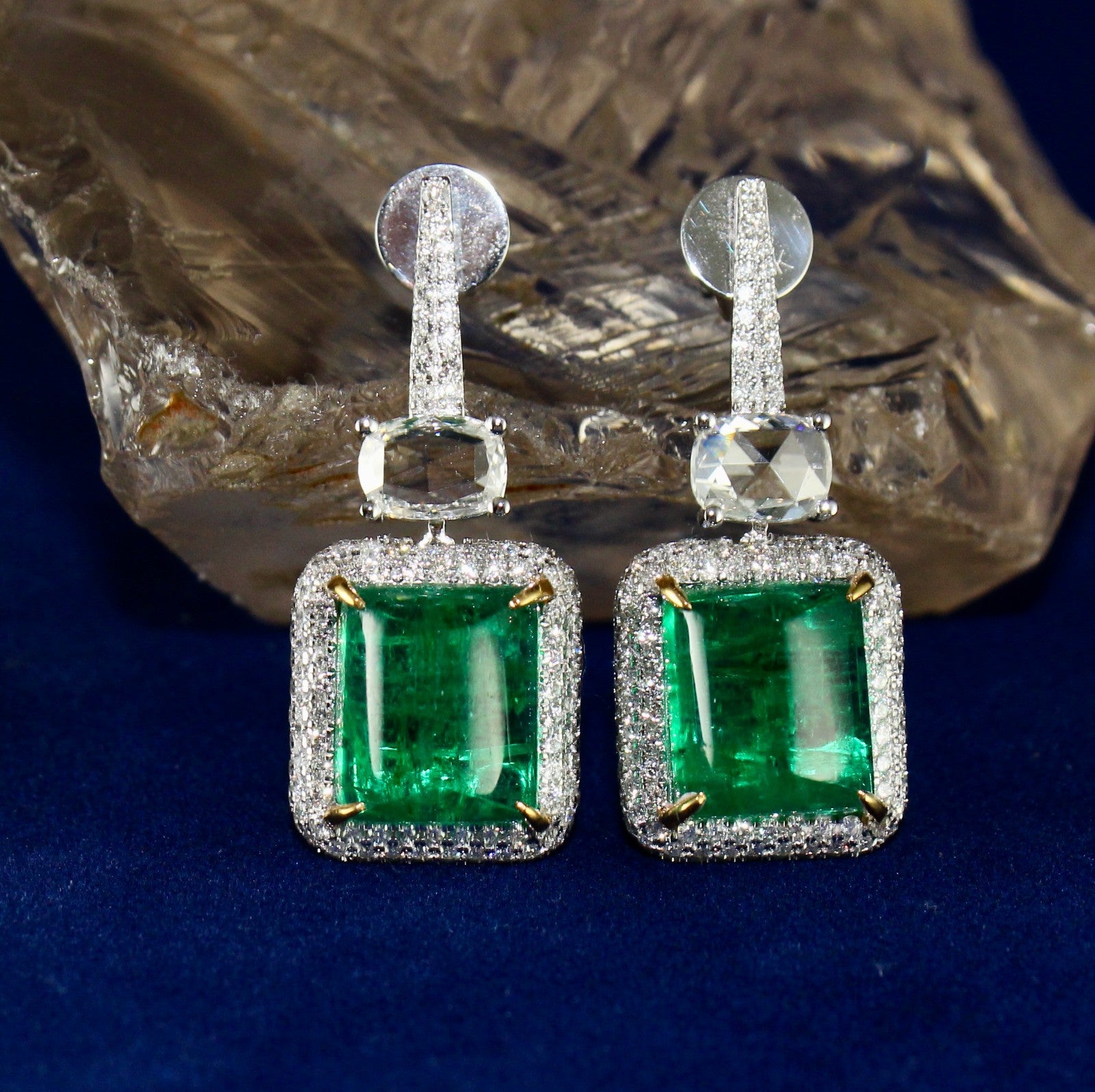 Certified Natural Emerald Cabochon Diamond Earrings 18k Gold Dangle Fine Jewelry