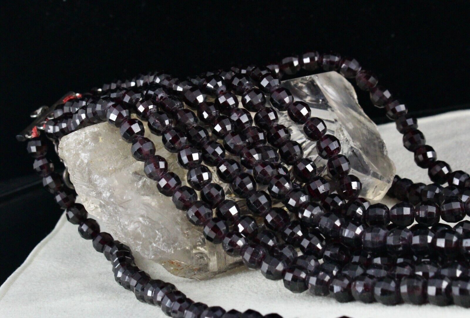 Natural Garnet Beaded Necklace 5 Line 1859 Carats Round Gemstone Silver Clasp