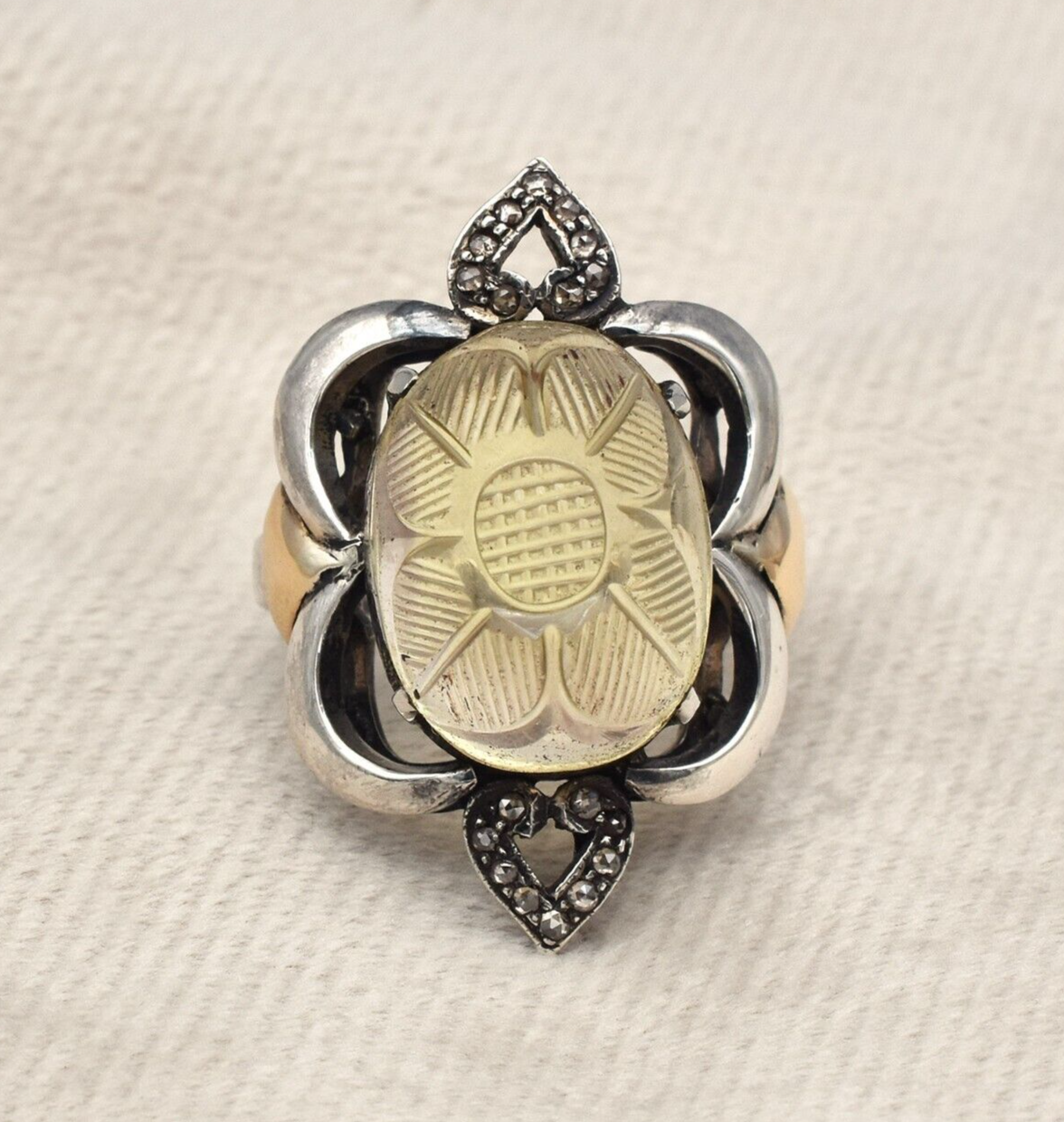 Antique Lemon Quartz Carved Diamond 18k Gold 925 Silver Ladies Victorian Ring