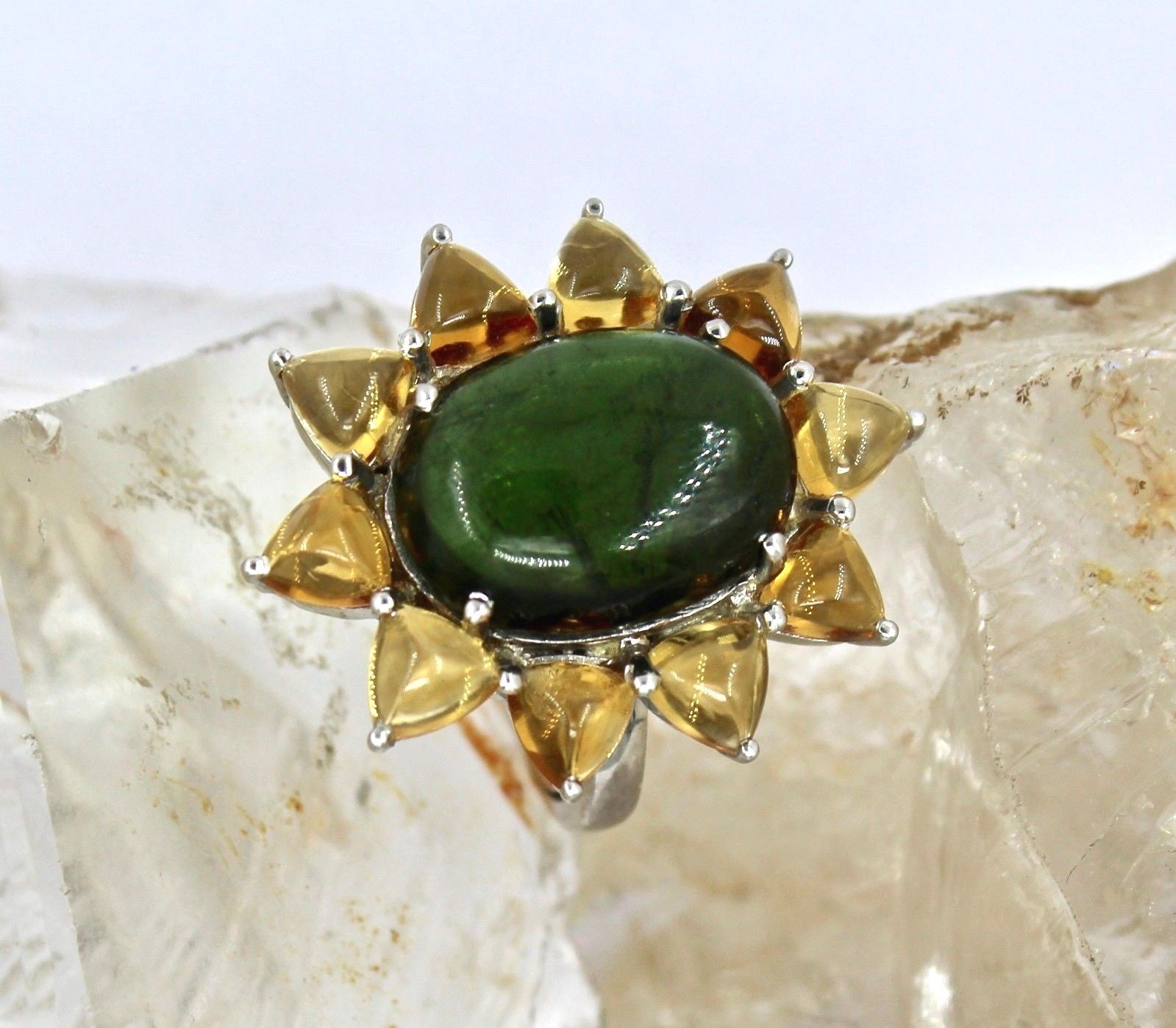 Natural Green Tourmaline 44ct Yellow Citrine 925 Sterling Silver Ring