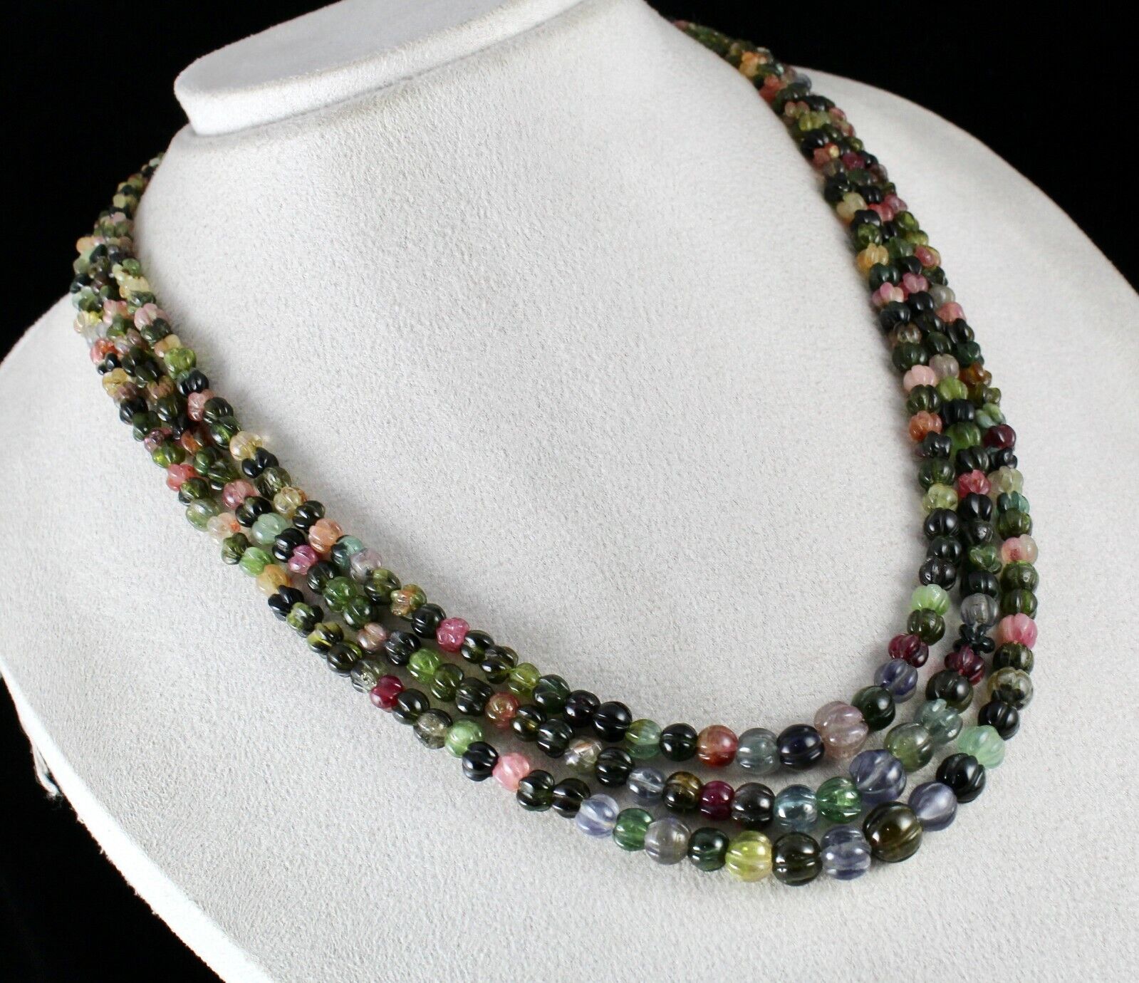 NATURAL MULTI TOURMALINE BEADS CARVED MELON 3 LINE 390 CARATS GEMSTONE NECKLACE