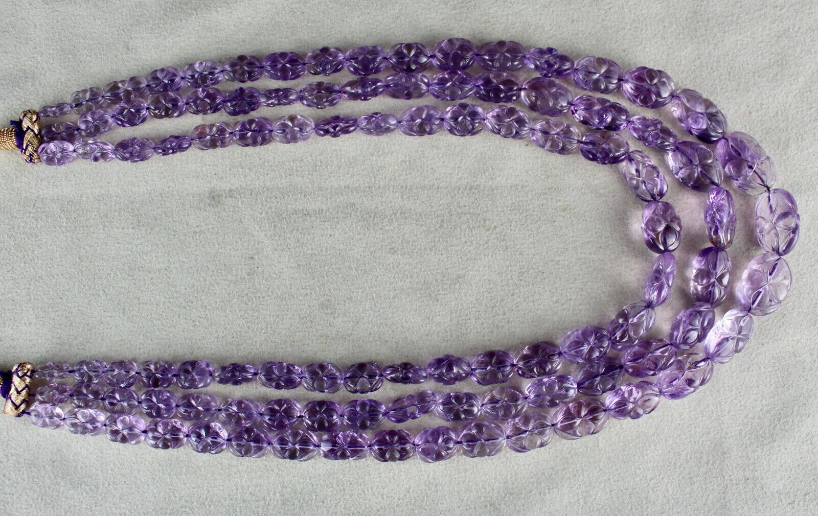 Natural Amethyst Beads Engraved 3 L 529 Ct Purple Gemstone Vintage Necklace