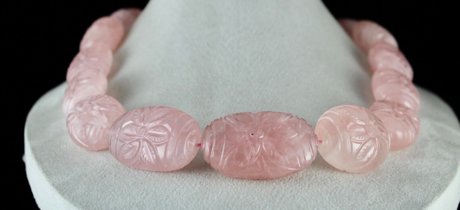 RARE BIG NATURAL ROSE QUARTZ CARVED BEADS 2027 CARATS GEMSTONE SILVER NECKLACE