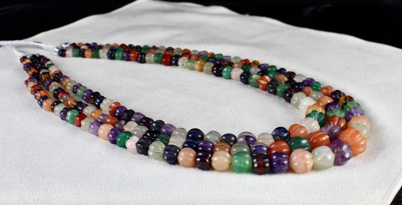 OLD MULTI NATURAL SEMI PRECIOUS CARVED MELON BEADS 3 L 688 CT GEMSTONE NECKLACE