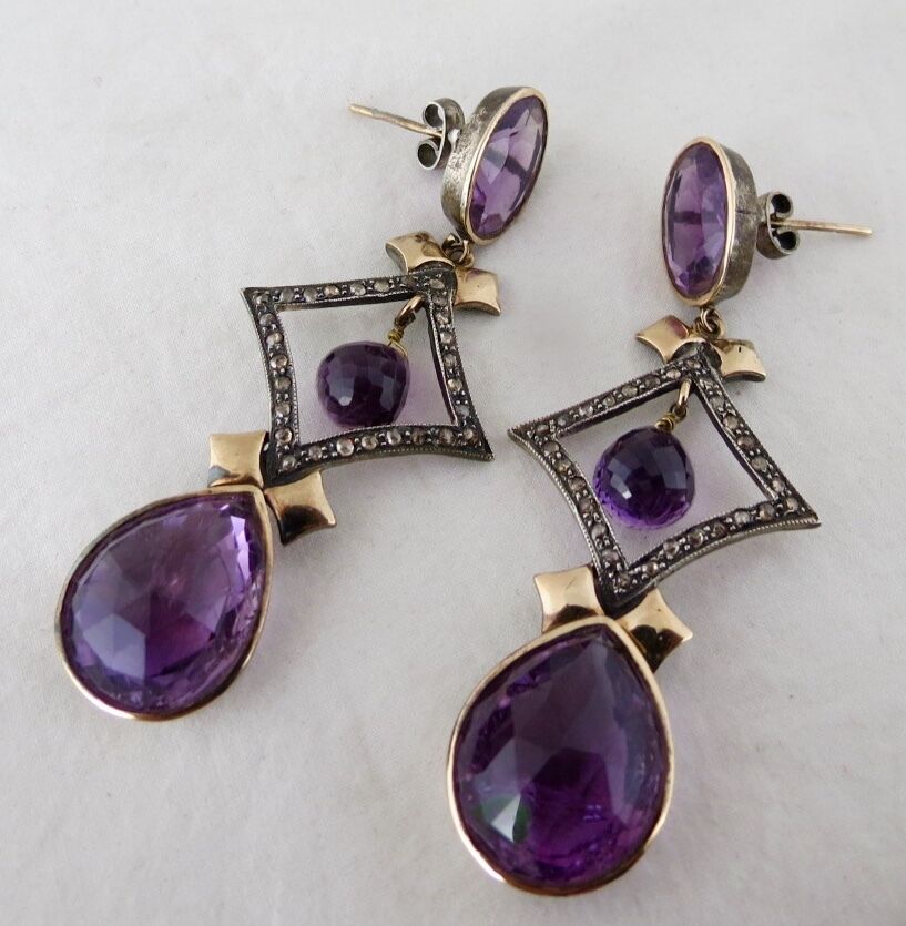 Estate Natural Amethyst Diamond 18 K Gold & 925 Silver Victorian Dangle Earring