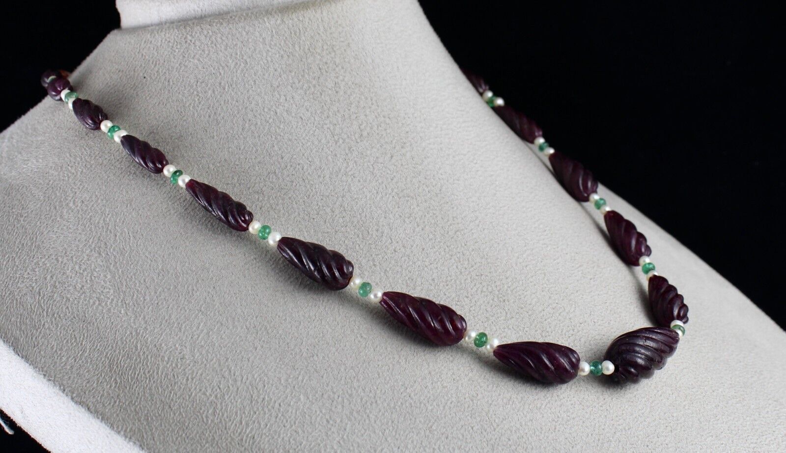 NATURAL RUBY BEADS CARVED TEAR DROPS 257 CTS EMERALD PEARL GEMSTONE NECKLACE