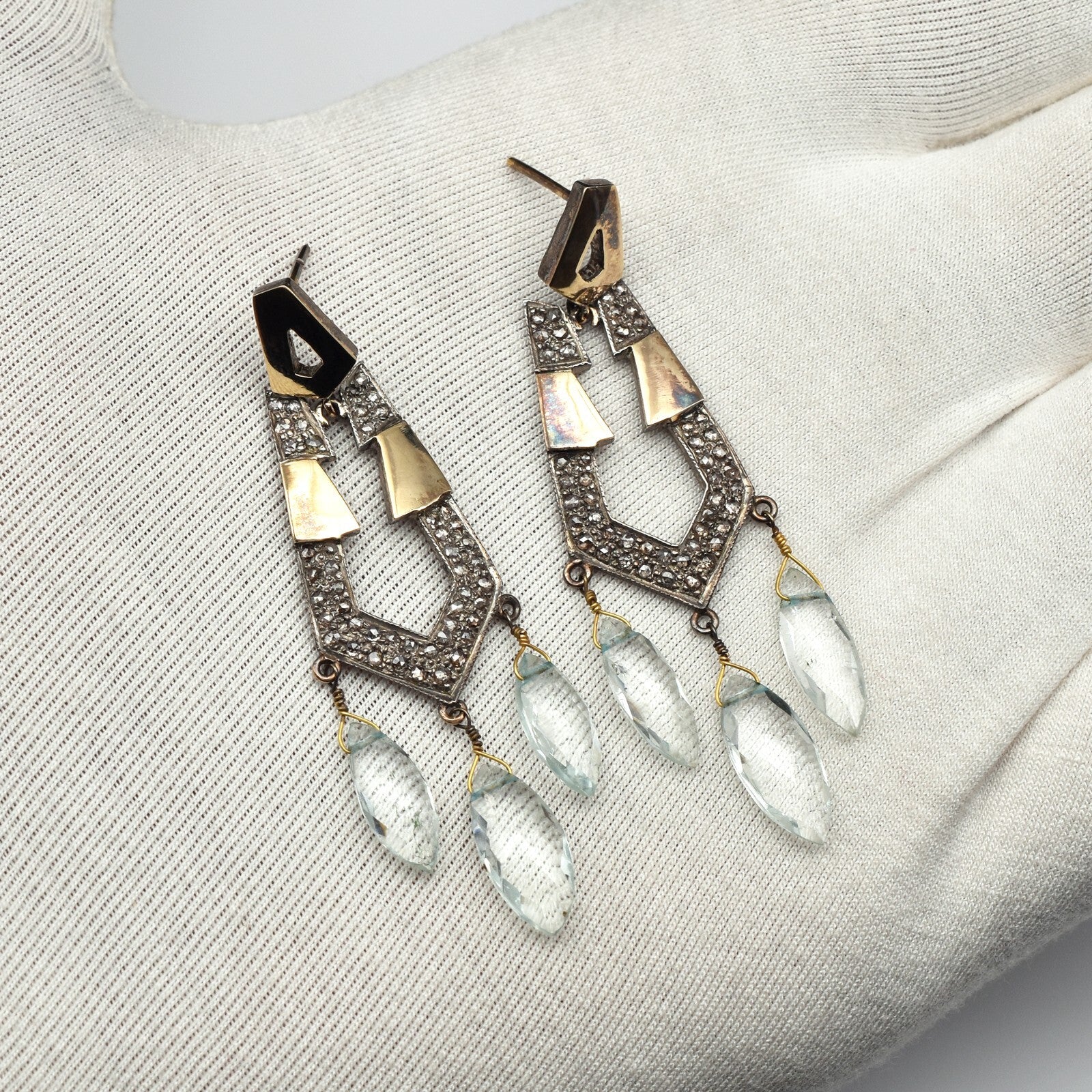 Vintage Natural Blue Aquamarine Diamond 57.5ct 18k Gold Sterling Silver Earrings