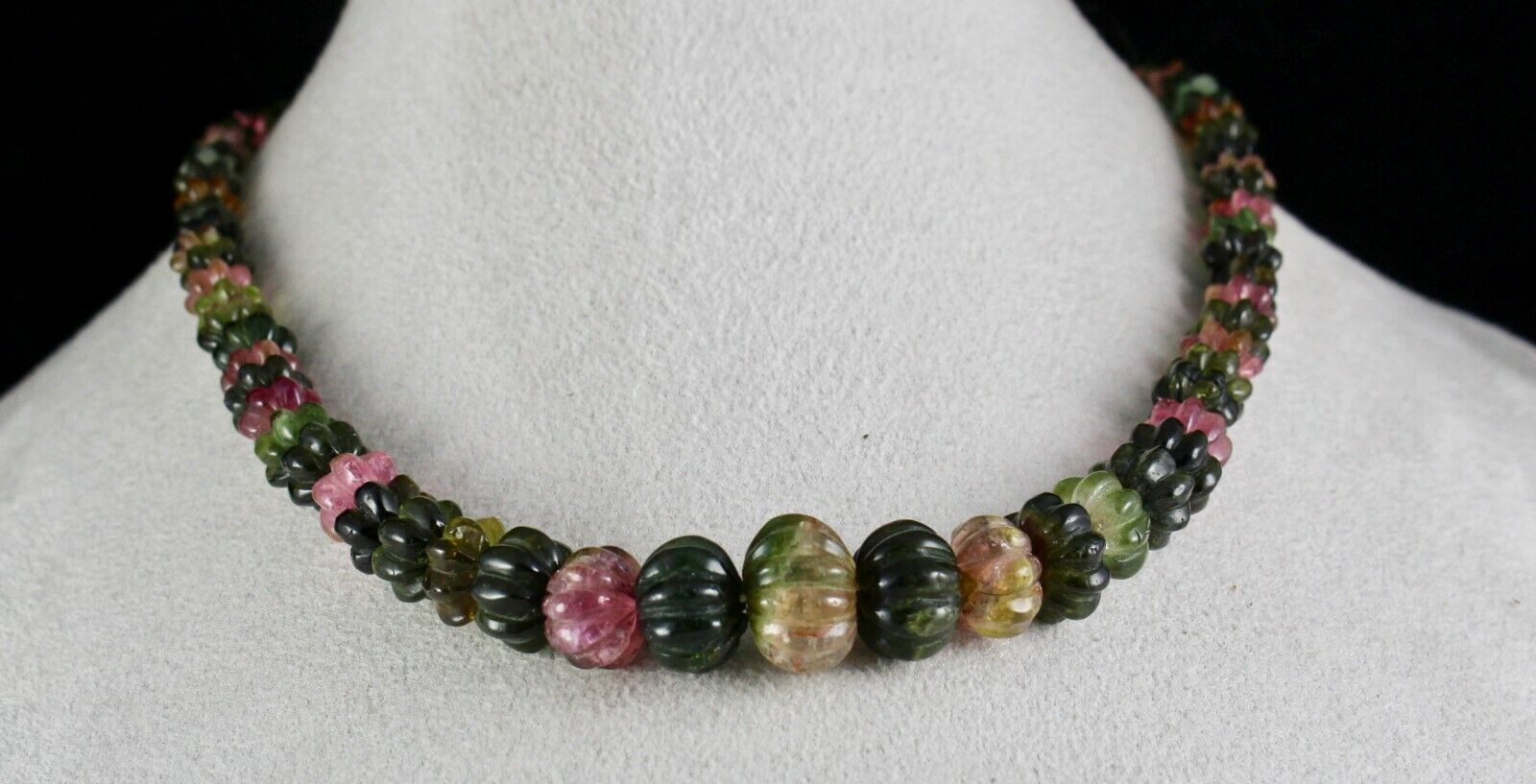 NATURAL MULTI TOURMALINE BEADS MELON CARVED 353 CARATS GEMSTONE SILVER NECKLACE