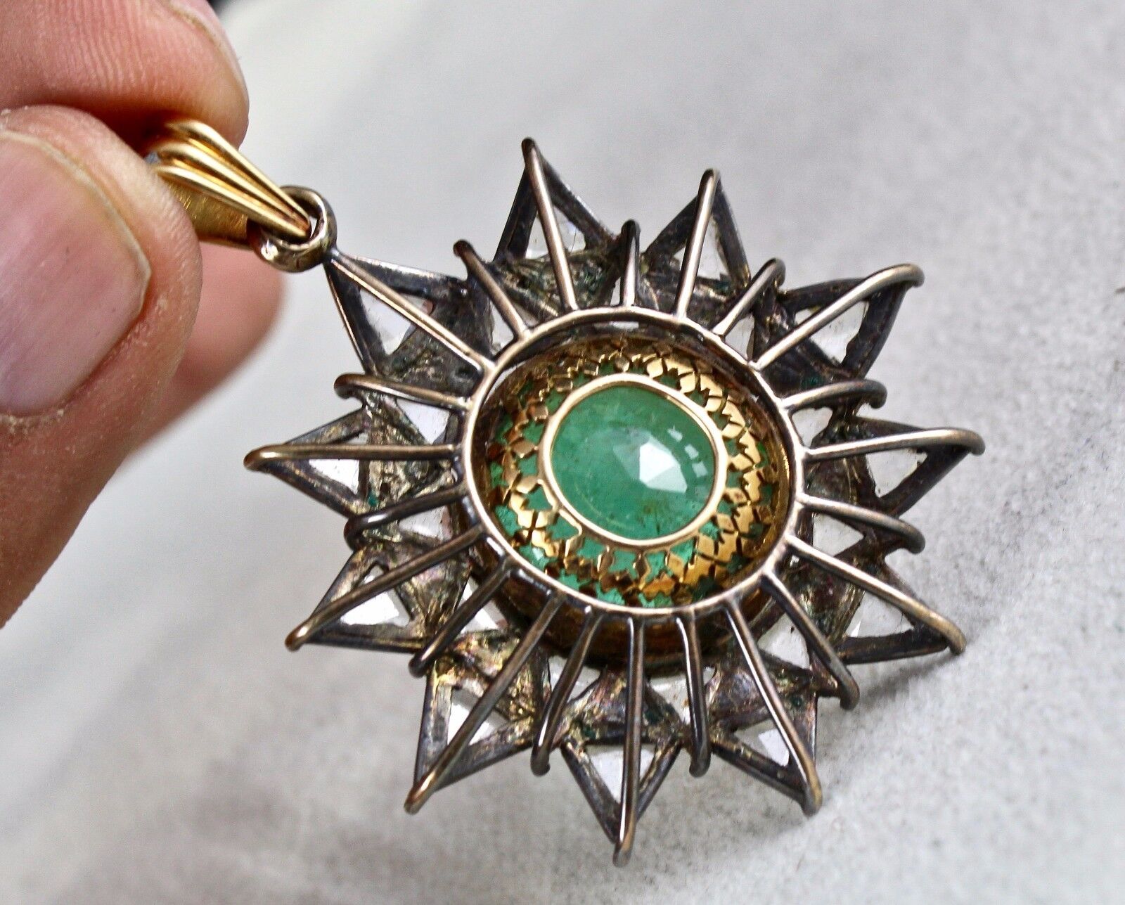 Antique Natural Emerald Oval Cut Old Diamond 18k Gold Vintage Pendant