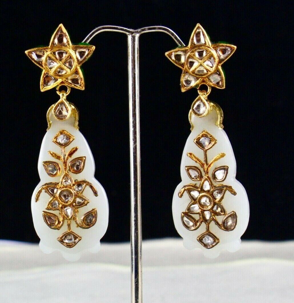 ANTIQUE OLD REAL NEPHRITE JADE FLAT DIAMOND 18K GOLD JADAU STATEMENT EARRING