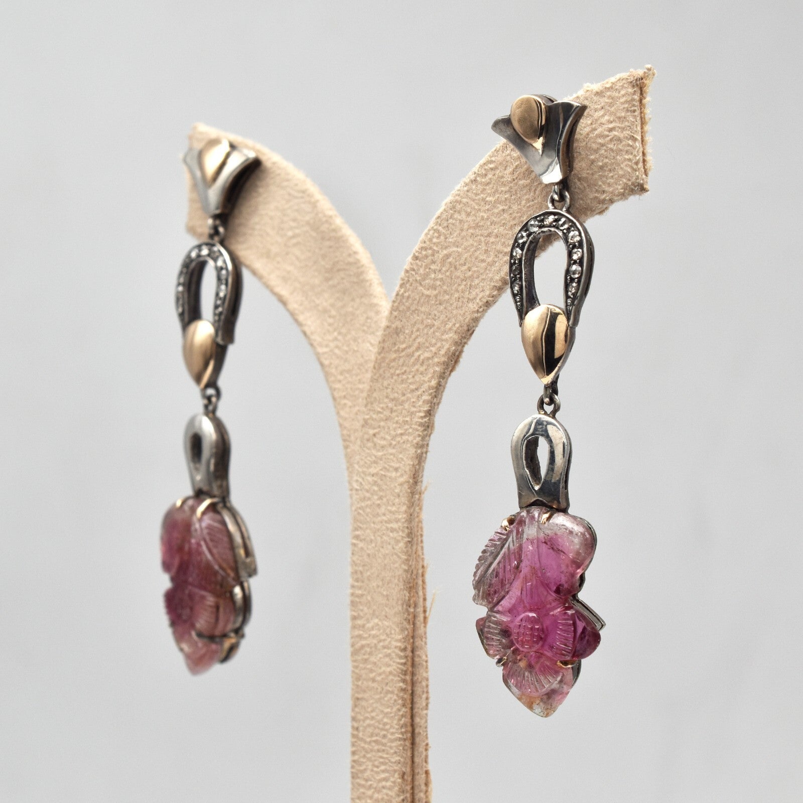 Natural Tourmaline 10ct Carved Natural Diamond 18k Gold Sterling Silver Earrings