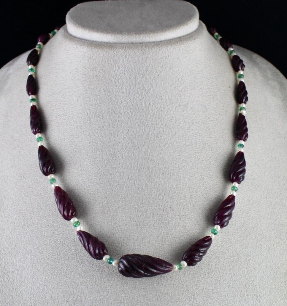 NATURAL RUBY BEADS CARVED TEAR DROPS 257 CTS EMERALD PEARL GEMSTONE NECKLACE